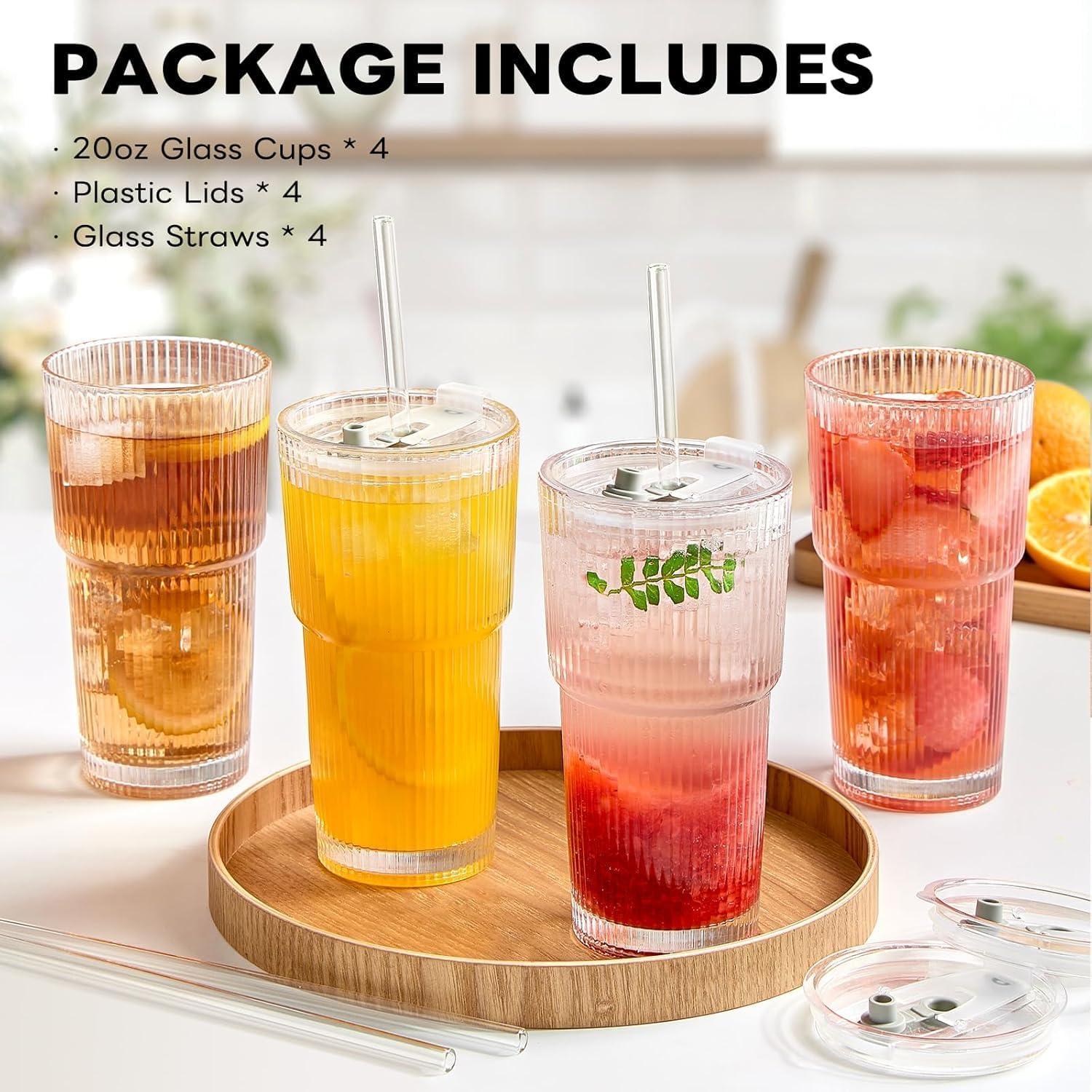 20 Oz Ribbed Glass Tumblers with Lids and Glass Straws- 4/2 Pack Ribbed Glass Iced Coffee Cup with Straw and Lid, Thicken Glasses, Ideal for Smoothieds, Cocktails, and Juices (4, 600 ML) (4, 600ML) image number 3