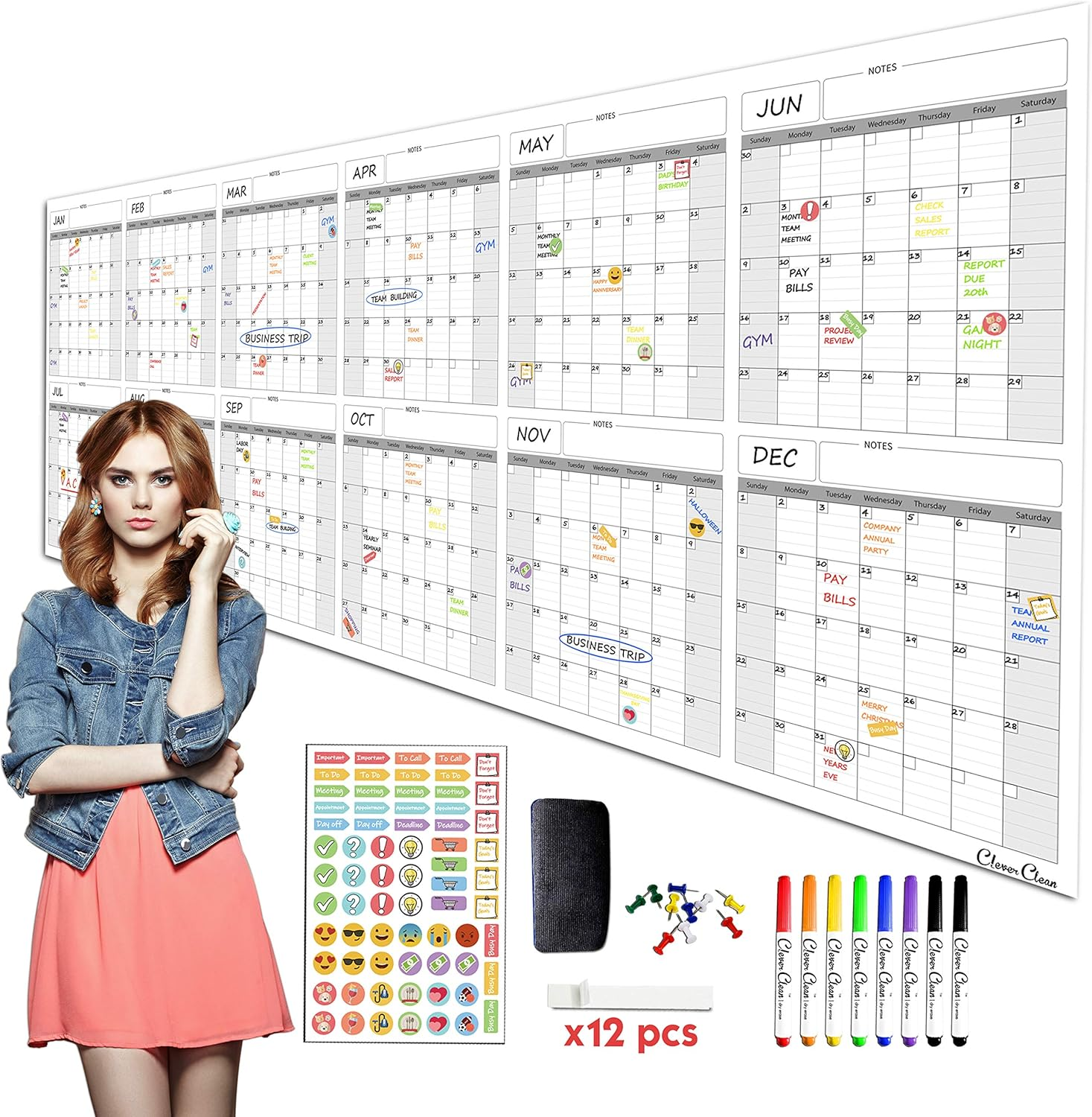 Large Reusable Dry Erase Wall Calendar - 36"X96" 2019-2020 Undated Yearly Planner for Home, Office, School Projects - Jumbo Laminated Task Organizer 36"X96" image number 1