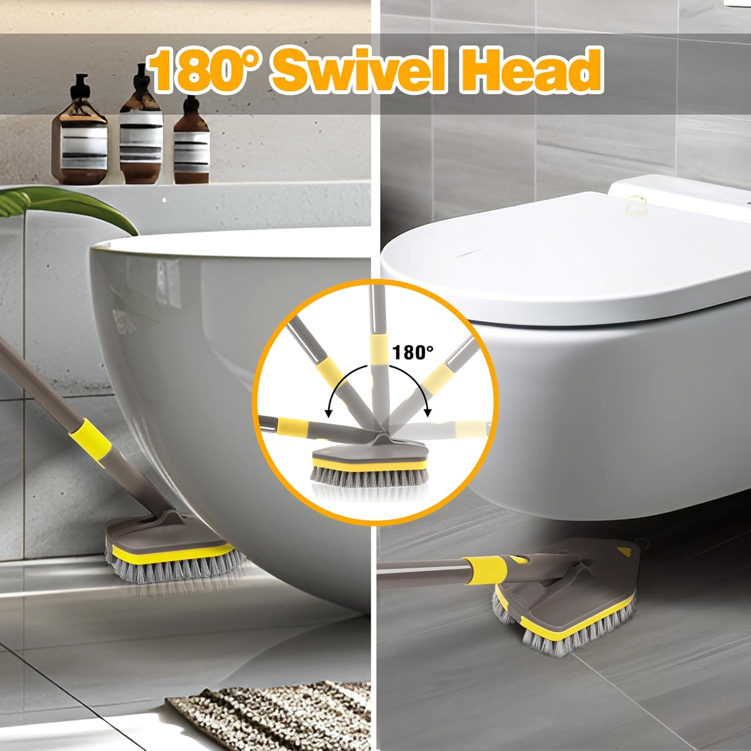 NEWE Shower Cleaner Brush, Tub Tile Scrubber with Telescopic Long Handle 142 Cm, 4 Scrub Heads for Cleaning Bathroom Bathtub Floor Baseboard Sink Kitchen Toilet (Brown Yellow) - Brown Yellow image number 6