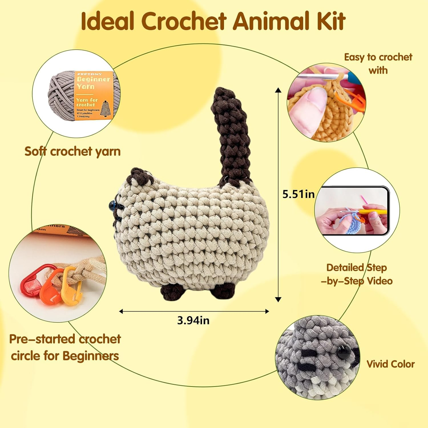 Crochet Kit for Beginners, Crochet Cat DIY Beginner Crochet Kit for Adults, Amigurumi Crochet Animals Craft Kits for Adults Crochet Kits, Easy Knitting Kit Arts & Crafts image number 4