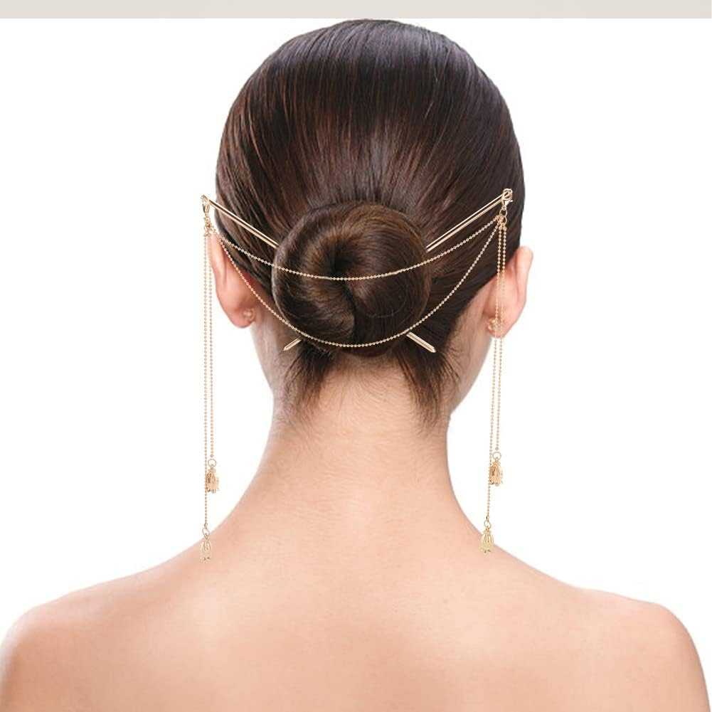 WEBBEDY 2-Style Chinese Double Chain Hair Chopsticks Vintage Tassel Hair Sticks Hanfu Chignon Hairpins Hair Accessories for Long Hair image number 6