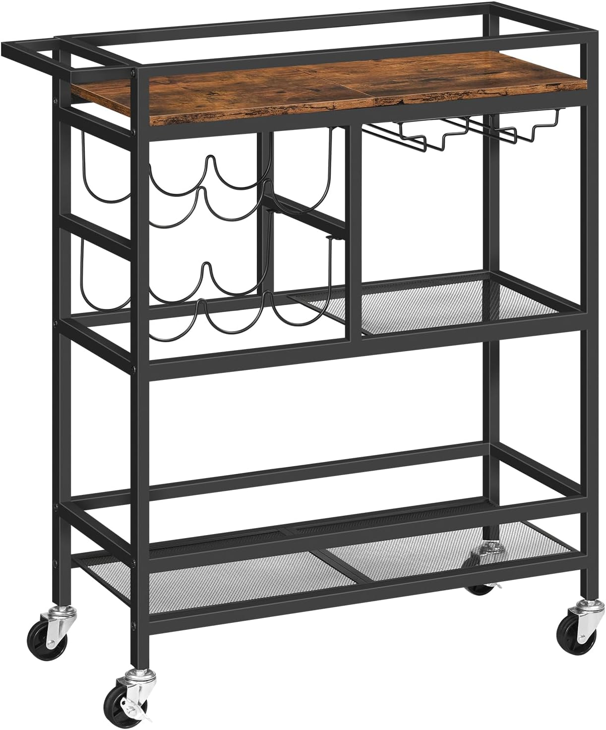 Bar Cart for Home, 3-Tier Serving Cart with Wheels and Handle, Beverage Cart with Wine Rack and Glass Holders, Rolling Wine Cart for Kitchen, Dining Room, Rustic Brown RCHR6101 image number 3