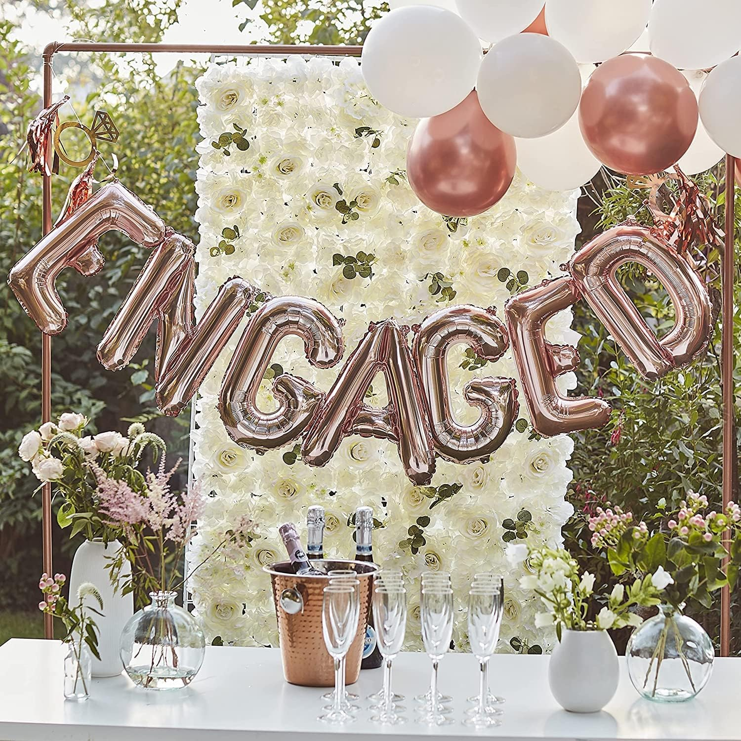 Ginger Ray Engaged Balloon Bunting with Tassels and Rings, Rose Gold