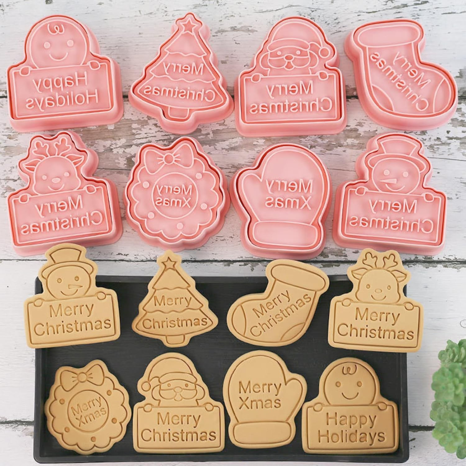 Christmas Cookie Cutters, 8Pcs 3D Pressable Christmas Cookie Stamps Set- Gingerbread Man, Christmas Tree, Snowman,Santa,Garland,Elk,Gloves,Socks,Merry Christmas image number 6
