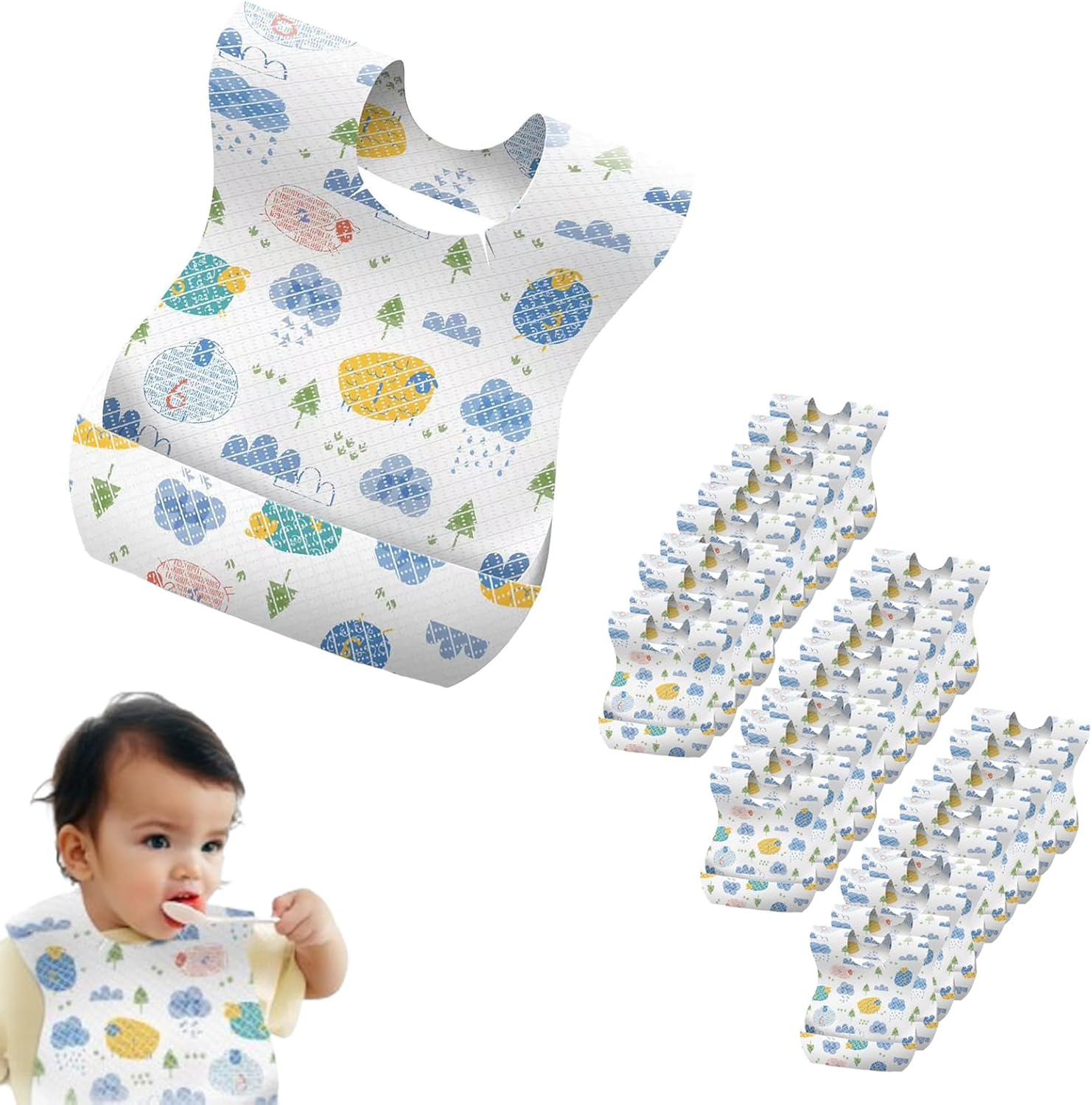 30 Pcs Bibs Individually Wrapped for Toddlers, Leak-Proof,Feeding Essentials,Soft Absorbent for Messy Mealtimes, Cute Graffiti Sheep Design image number 4