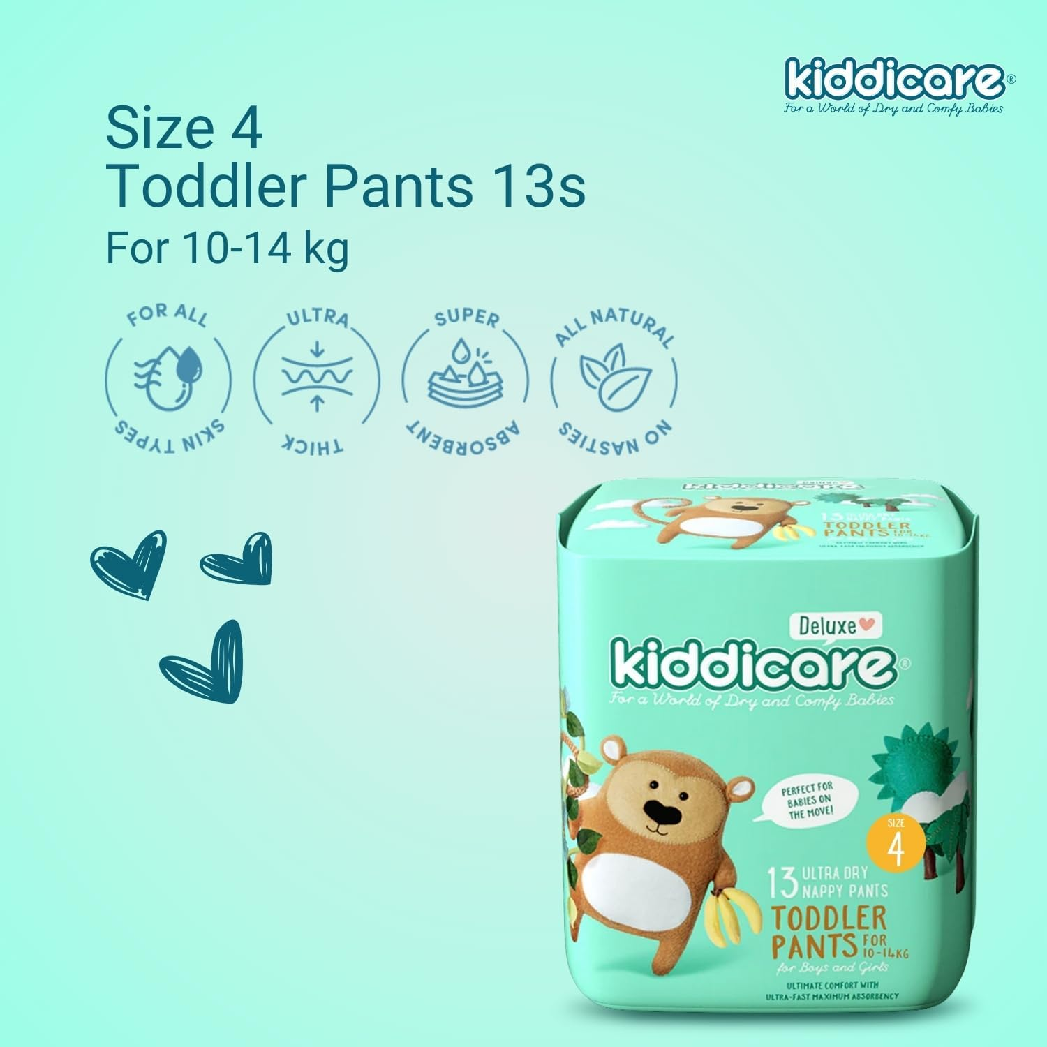 Kiddicare Deluxe Toddler Baby Nappy Pants, Size 4 (10-14Kg), 13-Count, Pack of 1, Ultra-Fast 12-Hour Absorption, Leak Protection, Anti-Rash, Stretchy Sides for a Better Fit, Soft & High Absorbent image number 1