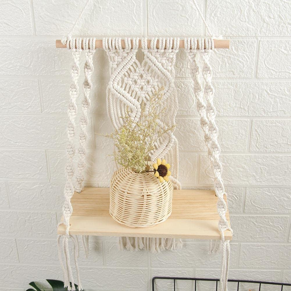 Hiuxume Macrame Wall Hanging Shelf Bohemian for Bedroom - Woven Rope Macrame Wall Art as Boho Bathroom Shelf Decor - Plant Hanger with Crochet Wall Hangings image number 4