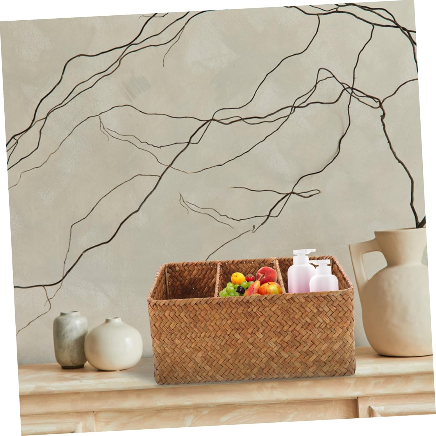 Hohopeti 3-Compartment Straw Woven Storage Basket, 28.5 X 18.5 X 13Cm, Natural Seagrass Organizer for Bathroom and Kitchen Counter, Divided Long Basket for Toiletries and Household Items image number 6