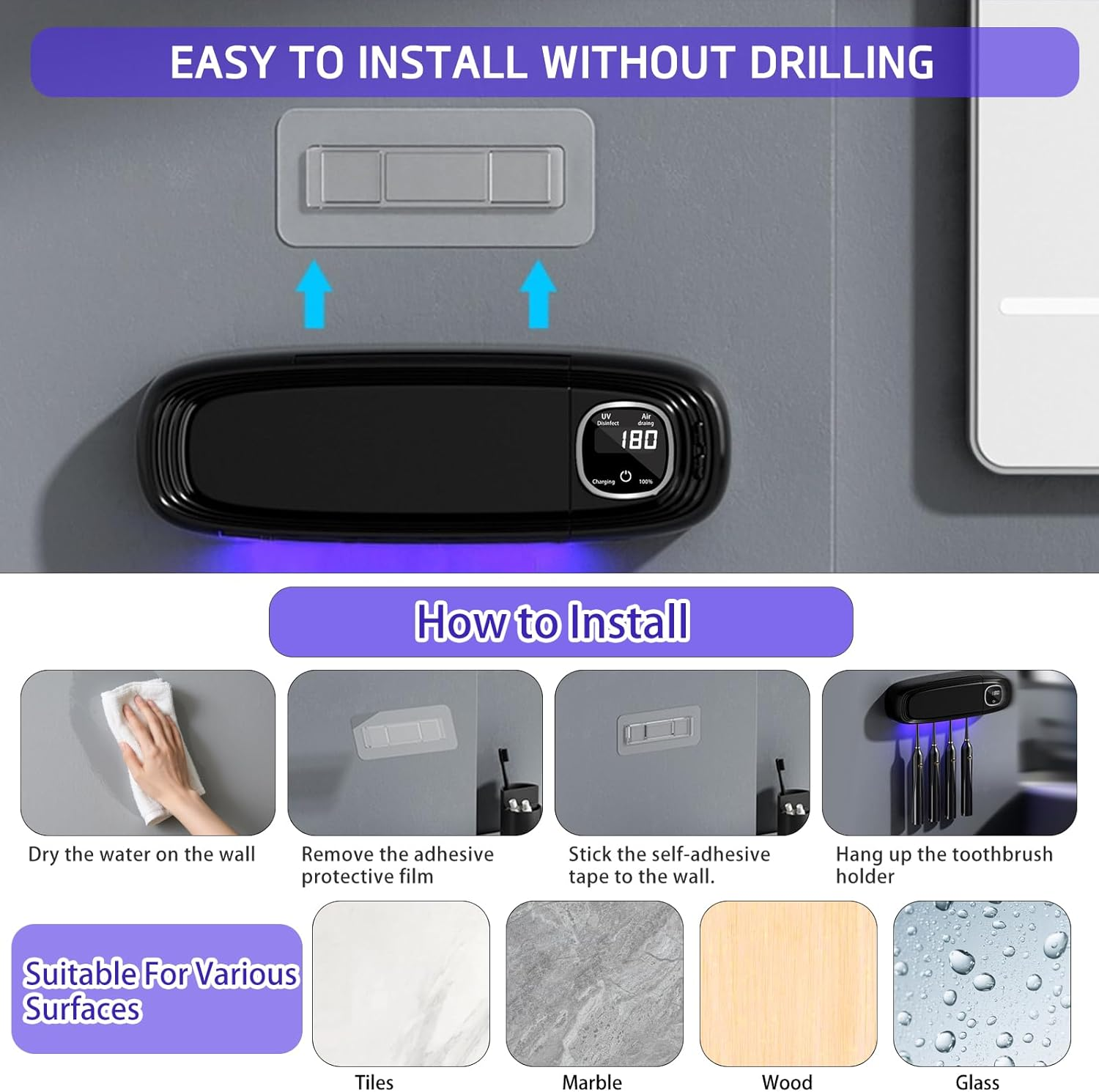 Toothbrush Sanitizer and Holder, UV Toothbrush Holder with Air Drying Function, Rechargeable LED Tooth Brush Holder Wall-Mounted for Bathroom, Timer Function, No Drilling, 4 Slots (Black) - Black image number 5