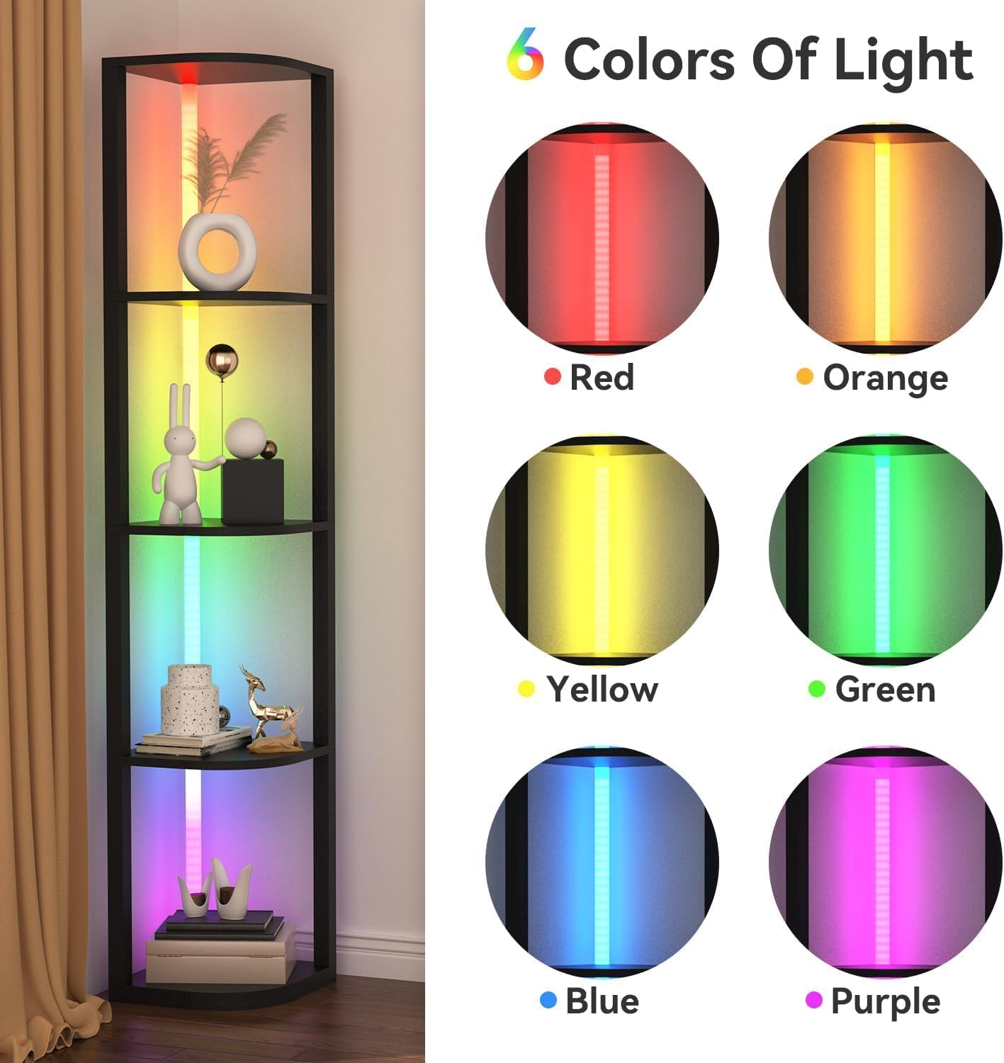Corner Floor Lamp with 5-Tier Display Shelves, 162Cm LED Floor Lamp RGB Dimmable Colour Changing with APP, Standing Mood Lighting for Living Room, Gaming Room image number 4