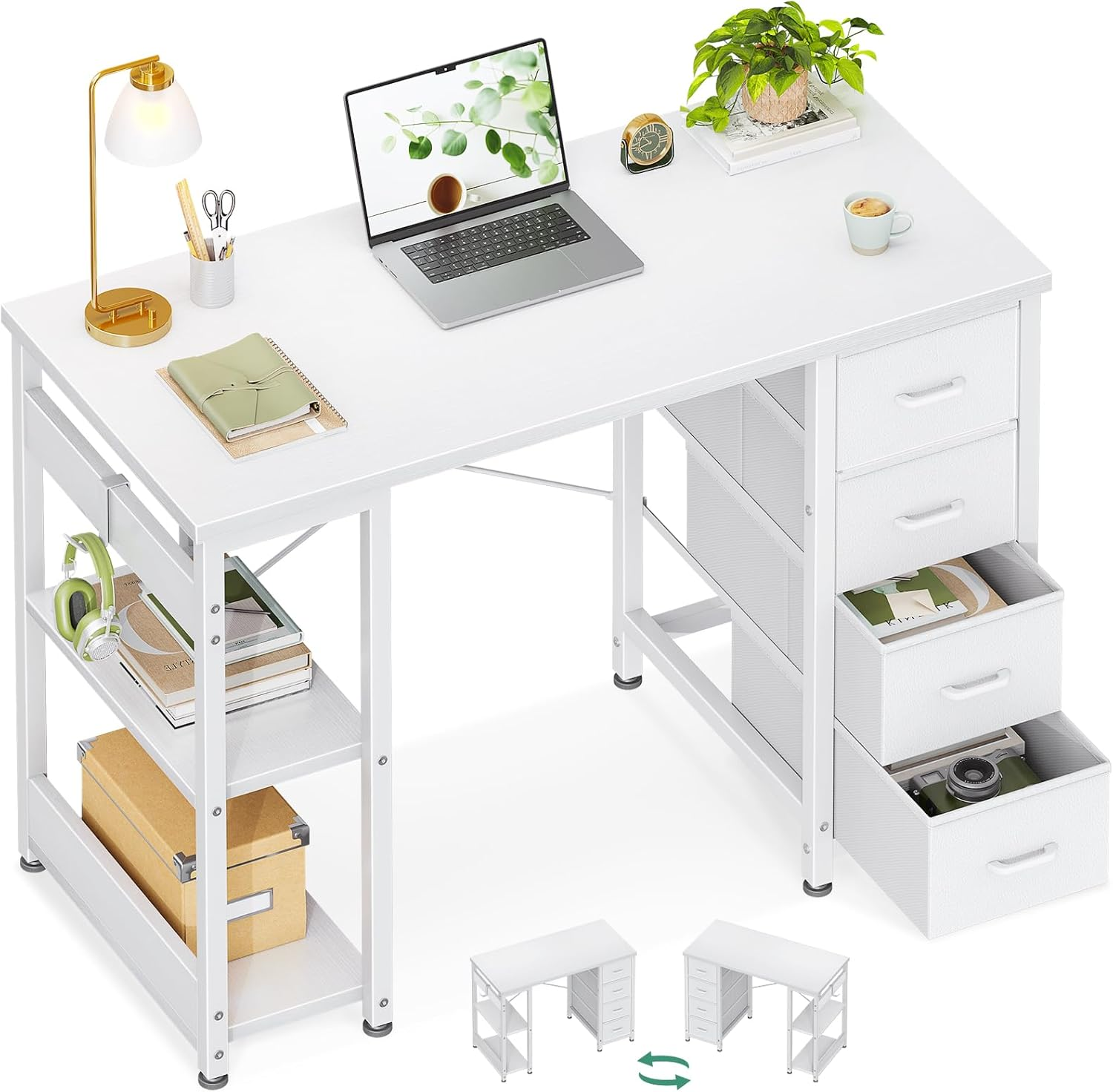 ODK 40Inch Computer Desk with 4 Fabric Drawers and 2 Storage Shelves,Reversible Office Desk with Headphone Hook & Metal Legs,Modern Study Table, Suitable for Home Office, 100 * 40 * 75.7, White image number 5