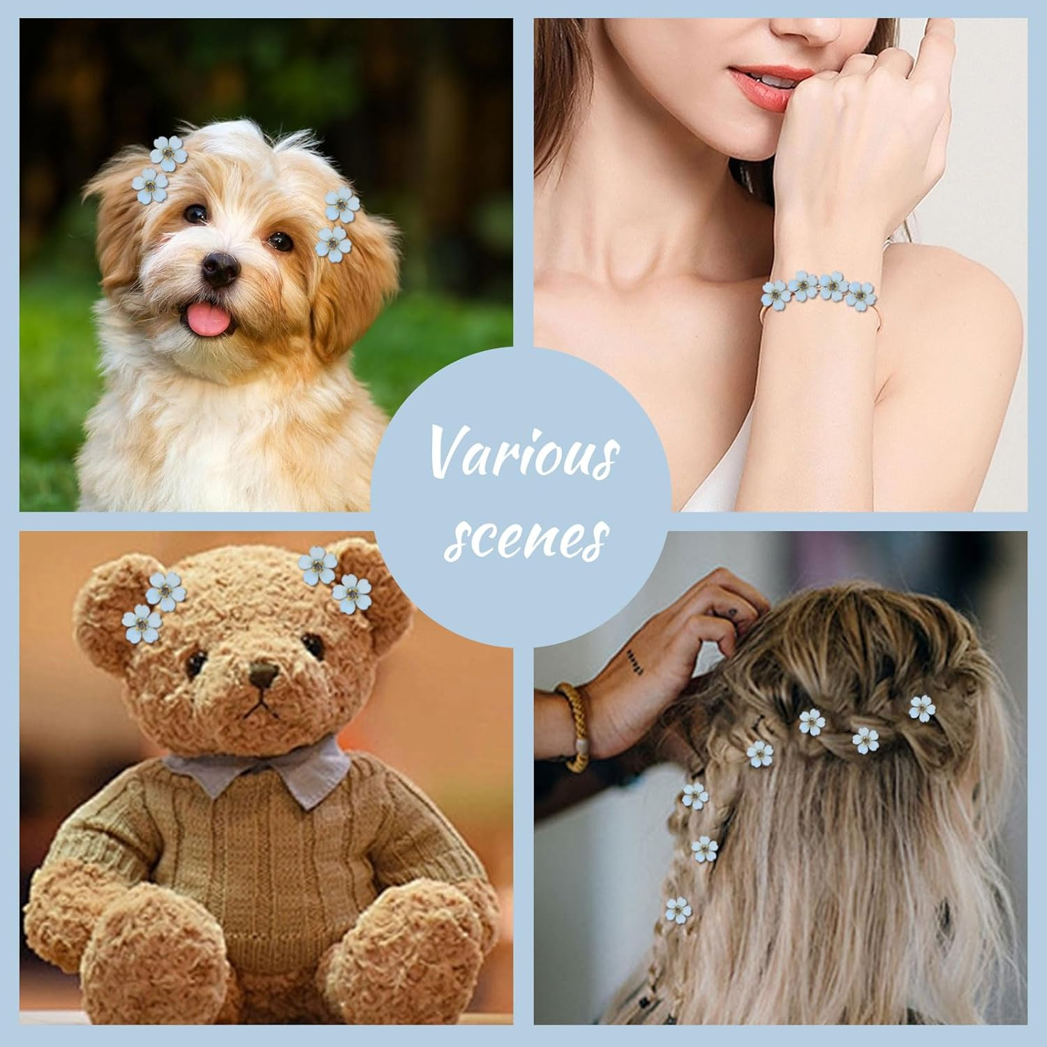 Mezrkuwr 10 Pieces Blue Mini Crystal Flower Hair Clips Summer Beach Braid Hair Accessories for Women Claw Clips Hair Claws Hair Clips Hair Clips for Party Wedding Beach image number 5