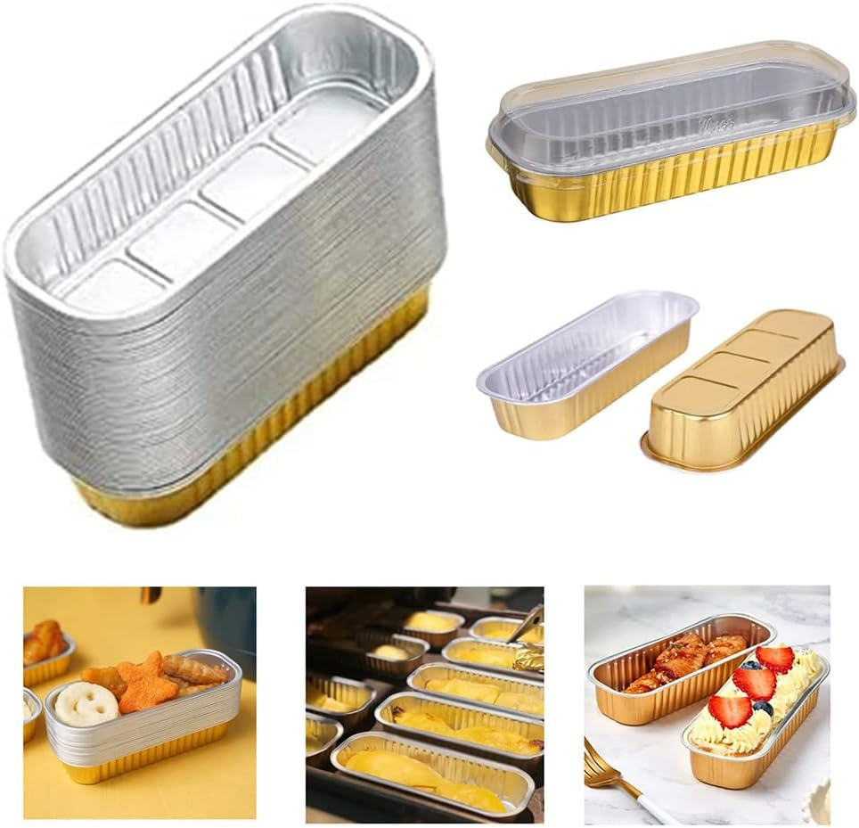 TOMVAES 50 Pcs Rectangular Aluminum Foil Box, Baking Foil Roasting Tray, Loaf Baking Pans for Baking Banana Bread, Cakes, Pies 14.9 X 6.5 X 3 CM