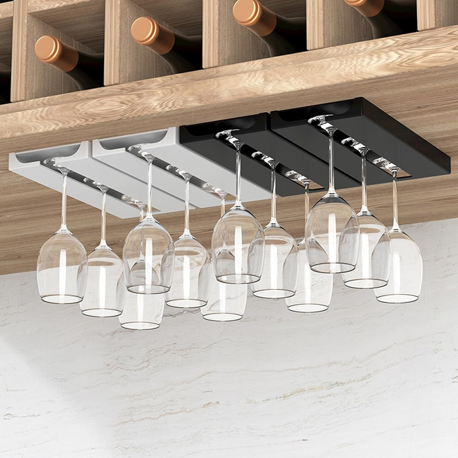 2 Pack Self Adhesive Wine Glass Rack,Wine Glass Rack, Punch-Free under Cabinet Stemware Wine Glass Holder Glasses Storage Hanger Plastic Organizer Stemware Racks (White) image number 4