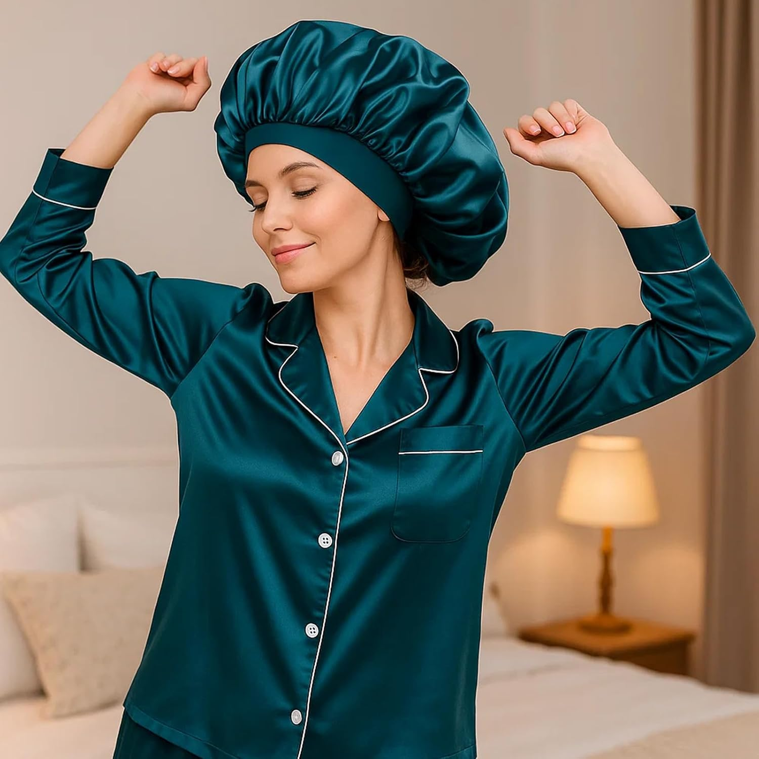 Bonnet Silk Sleep Cap, Set of 6 Hair Caps for the Night, Soft Satin Hood for Sleeping, Black, Wine Red, Blue, Dark Brown, Pink, Beige image number 3