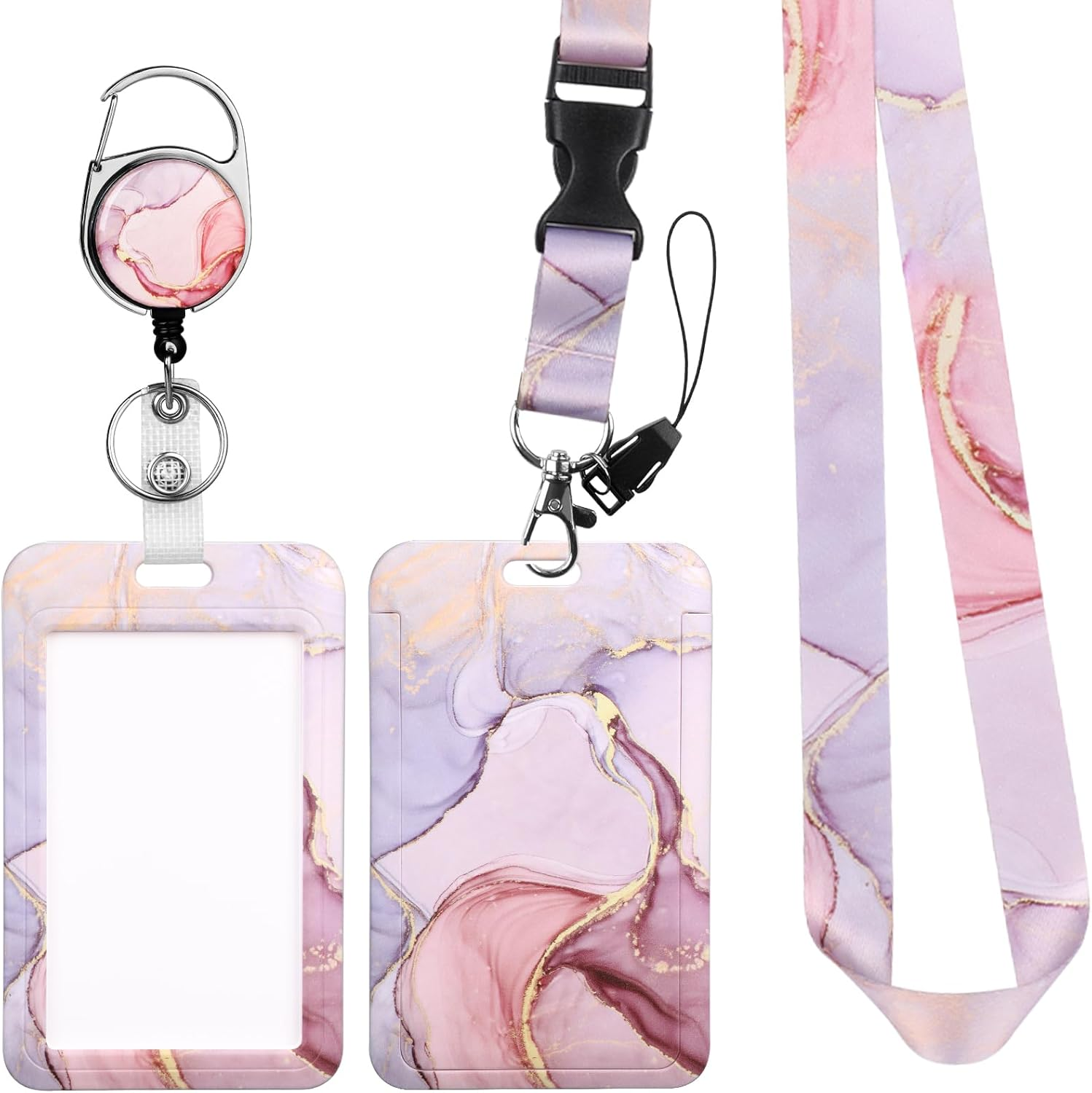 Hianjoo Badge Holder Retractable with Lanyard, ID Card Holder with Belt Clip Carabiner Retractable Reel Neck Lanyard Pull Cord for Students Office Staff, Red Marbling - Blue Stripes image number 6