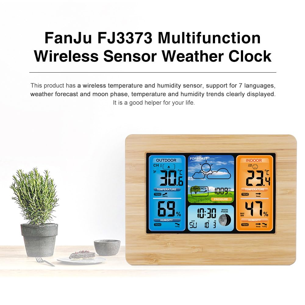 Weather Clock, REFENG FJ3373 Multifunction Digital Weather Station LCD Alarm Clock, Indoor Outdoor Weather Forecast Barometer Thermometer Hygrometer with Wireless Outdoor Sensor USB Power Cord image number 6