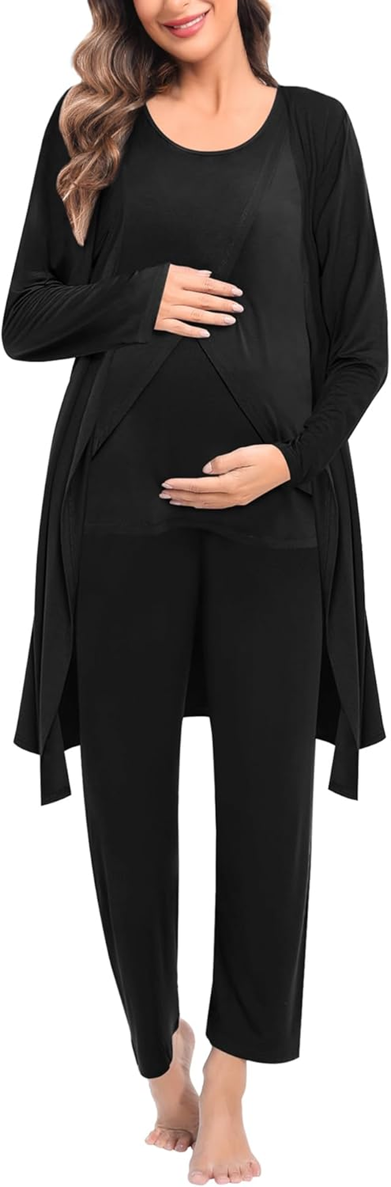 SWOMOG Maternity Nursing Robe Set 3 PCS Postpartum Breastfeeding Pajamas Hospital Pregnancy Pjs Double Layer Lounge Set