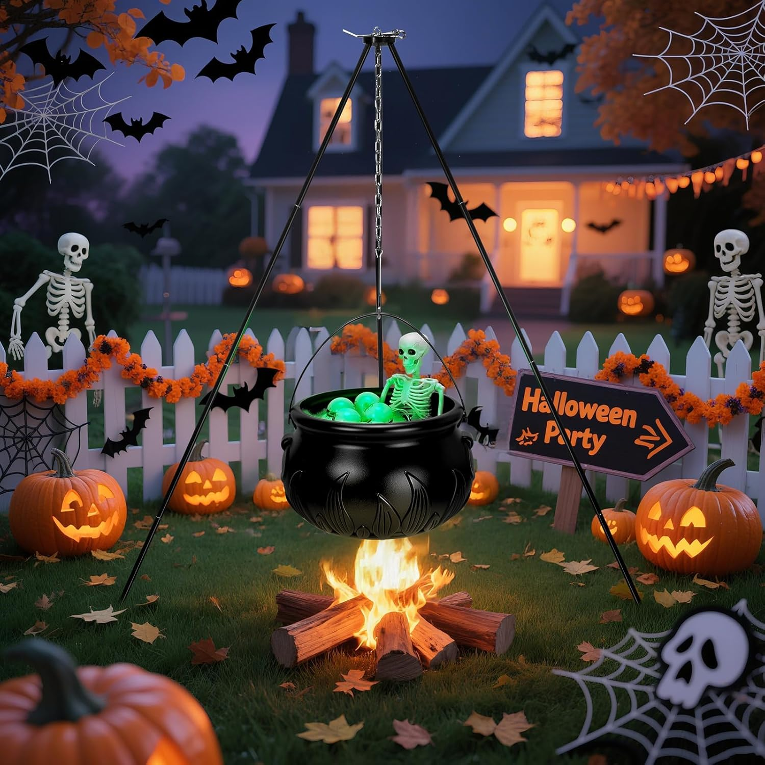 Halloween Decorations Outdoor Witches Cauldron, Large Cauldron on Tripod with String Lights, Skeleton and Eyeballs, Suitable for Halloween Party Indoor Porch Outdoor Lawn Yard Decor image number 5
