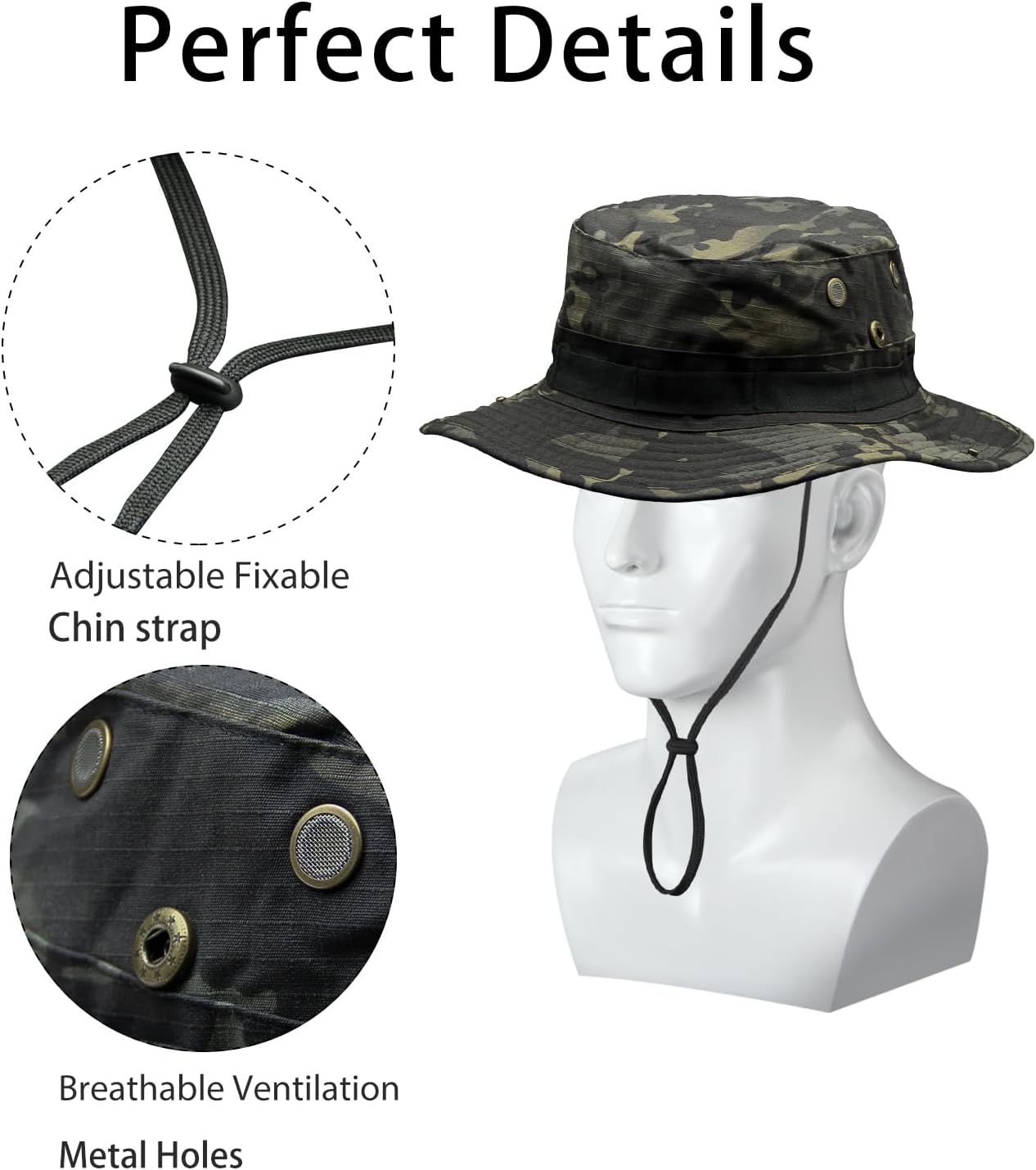 Camo Boonie Hat for Men Women, Military Tactical Wide Brim Bucket Hats, UPF50+ Jungle Sun Cap for Fishing Hunting Safari image number 4