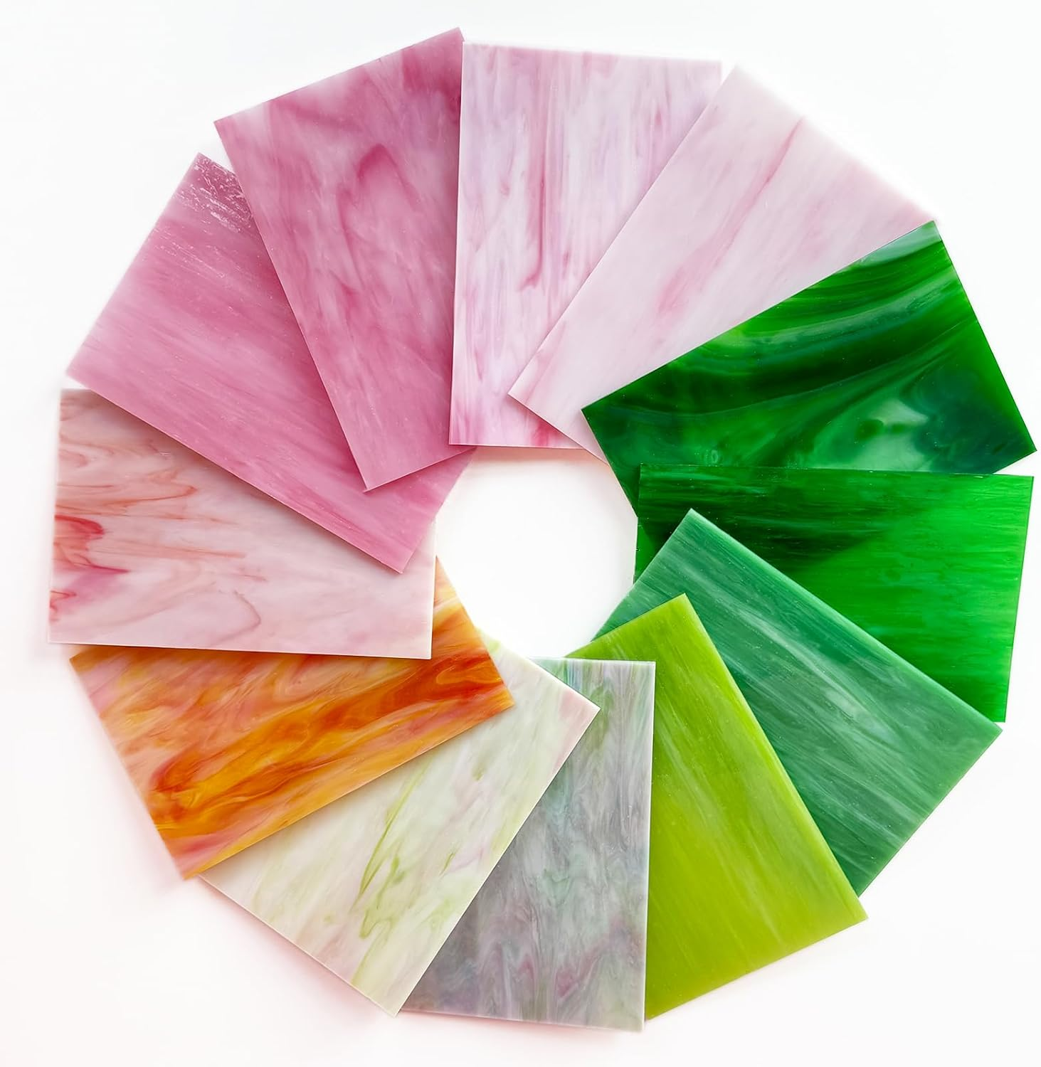 ILLUCKAI 12 Sheets Stained Glass Sheet Pink and Green Collection, 6 X 4 Inch Stained Glass Mosaic Tiles for Stained Glass Projects Mosaic Crafts image number 6