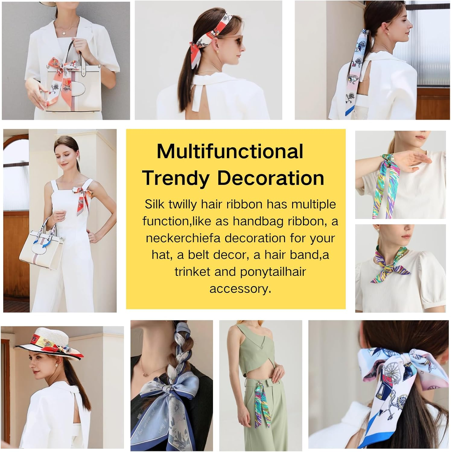 59" Long Silk Head Scarf for Women Neck Scarf Belt Satin Scarf for Hair Lightweight Purse Scarf - Black Pattern image number 5