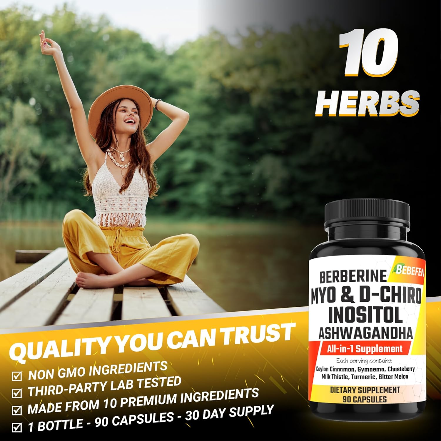 BEBEFEN Myo-Inositol & D-Chiro Inositol Capsules with Ashwagandha, Berberine, Cinnamon, Gymnema, Chasteberry, Milk Thistle, Turmeric, Bitter Melon - 90 Capsules image number 4