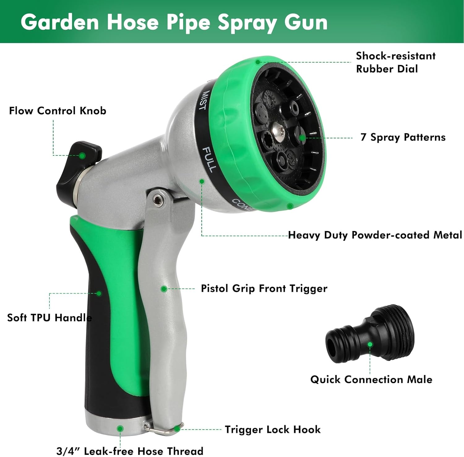 RESTMO Garden Hose Nozzle, Heavy Duty Garden Hose Spray Gun, High Pressure Hand Nozzle, Metal Water Sprayer with 7 Patterns and Flow Control, Ideal to Water Plant & Lawn, Wash Car & Pet, Green image number 2