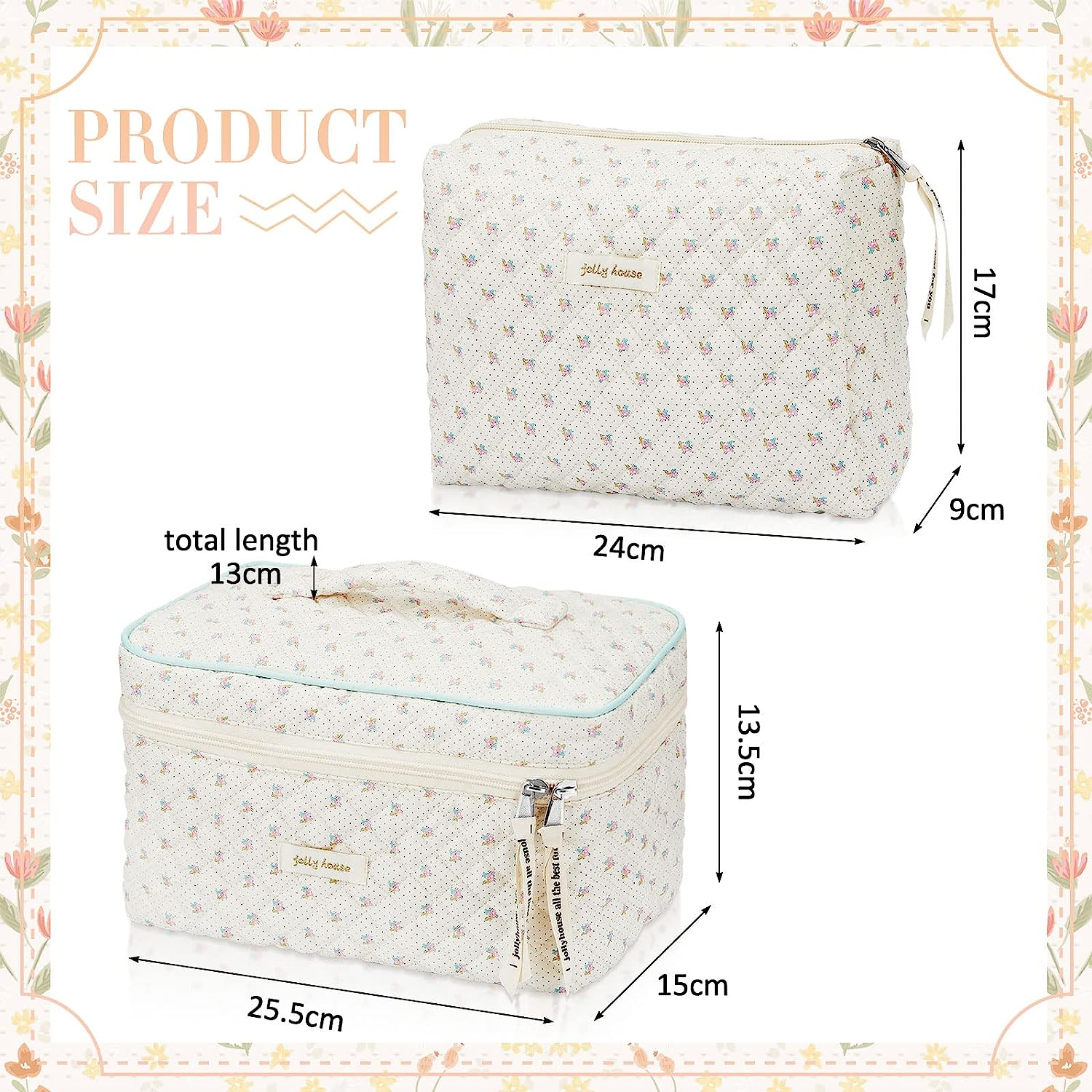 Perthlin Pack of 2 Travel Cosmetic Bags Cotton Quilted Toiletry Bags Large Coquette Make up Bags Aesthetic Cute Makeup Bags with Cherry Heart Flowers Bear for Women Girls (Flower Style), Beige, image number 6