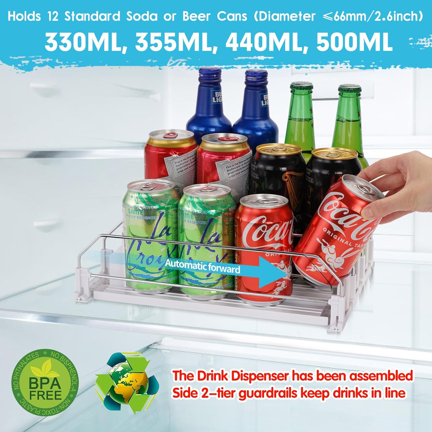 Automatic Soda Can Organizer for Refrigerator Already Assembled Can Dispenser for Soda Seltzer Drink Pop Can Holder Self-Pushing Drink Organizer for Fridge Storage 12 Cans of 11.15Oz 12Oz 16Oz 16.9Oz image number 5