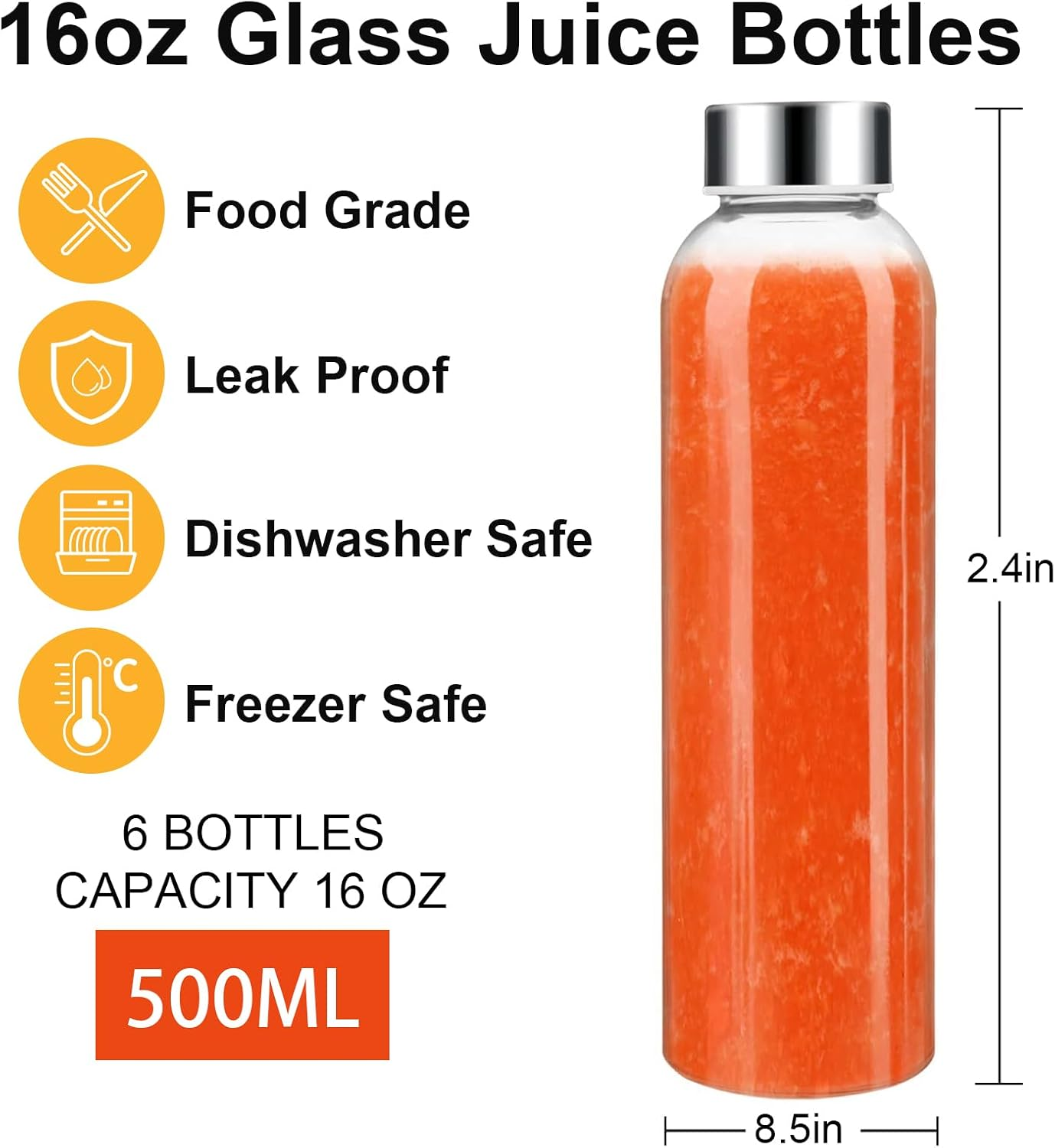 Acesvuit Glass Juice Bottles with Lids, 16Oz Glass Water Bottles, Juice Bottles for Juicing, Smoothies, Infused Water, Beverage Storage,With Stainless Steel Airtight Cap for Refrigerator (6Pcs) image number 1