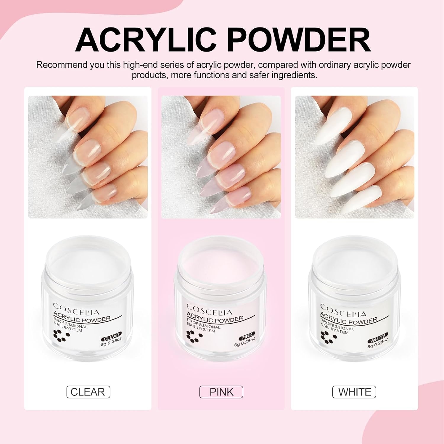COSCELIA Acrylic Nail Kit 3 Colors Clear Pink White Acrylic Nail Powder for Beginners Professional Nail Brush Manicure Tools for Home Salon Nail Art Design image number 4