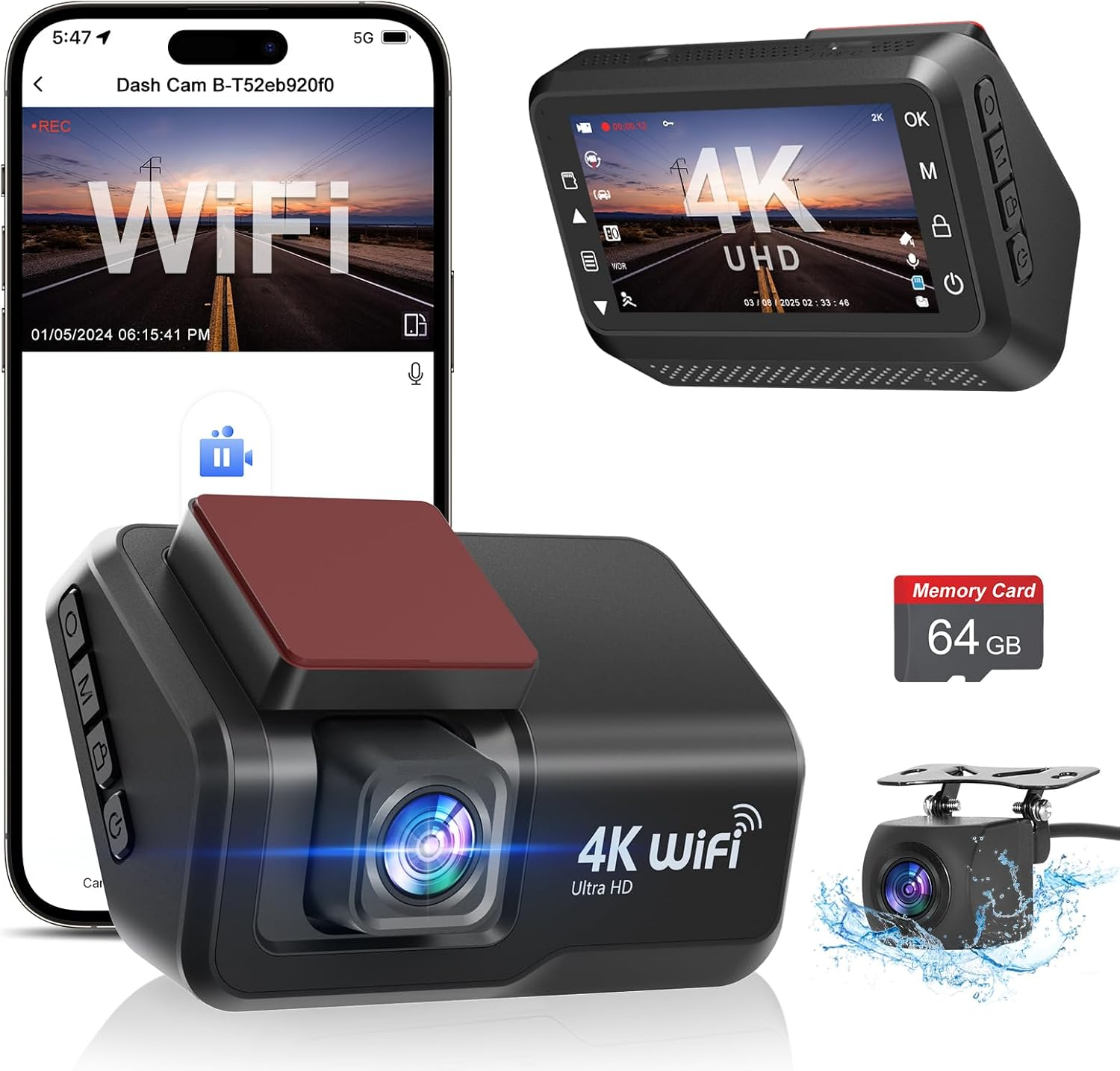 Dash Cam Front and Rear 4K+1080P, Dash Cam Inserted 64GB SD Card, Built-In Wifi, Super Night Vision, 24H Parking Mode, G-Sensor, Loop Recording, Time-Lapse, WDR, 170&deg;/140&deg;, F1.8 Aperture, 4-Layer Lens