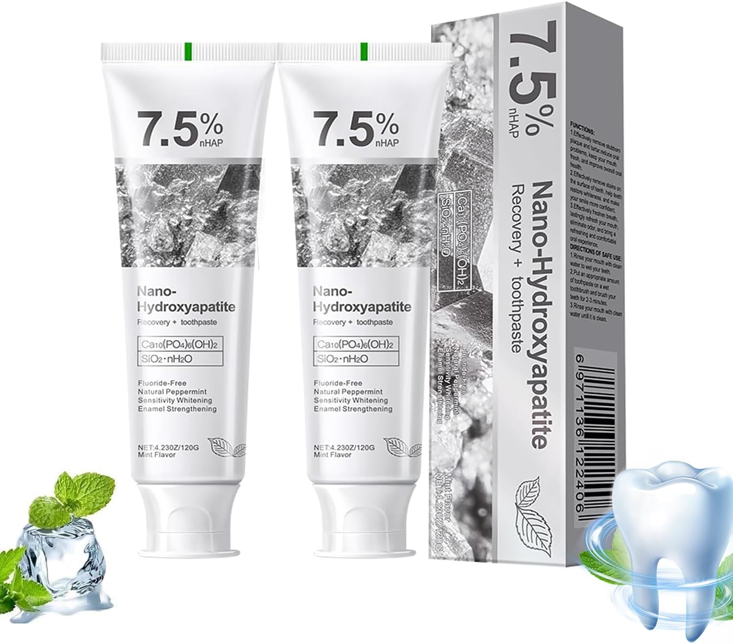 2Pcs Hydroxyapatite Toothpaste, 7.5% Nano Hydroxyapatite Toothpastes, Fluoride Free, Tooth Strengthening, Enamel Protection, Mild and Refreshing, Suitable for Sensitive Teeth, 4.23Oz, Gray image number 3