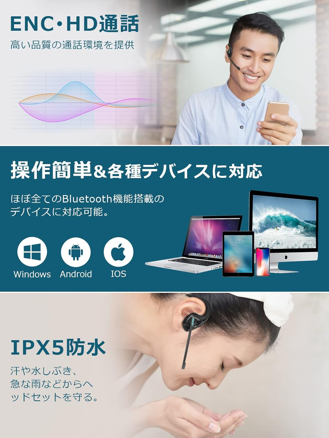 Iitrust Earaku Bluetooth Headset, Japanese Voice Guide, Bluetooth 5.2, for Calling, Microphone Included, No Ear Blocking, Wireless Bluetooth, ENC Noise Canceling, Open Ear, IPX5, Waterproof, image number 2