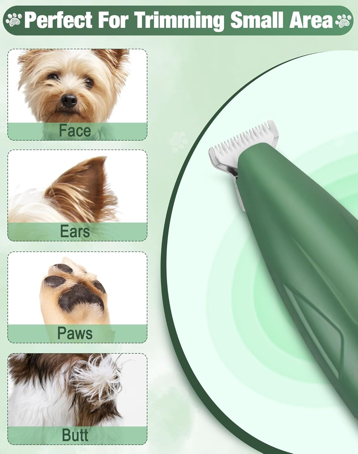 LEYOUFU Dog Paw Trimmer for Grooming, Cordless Small Pet Hair Grooming Clippers Low Noise Dog Clipper Shaver for Grooming Cat'S Dog'S Hair around Paws, Eyes, Ears, Face, Rump (Green)