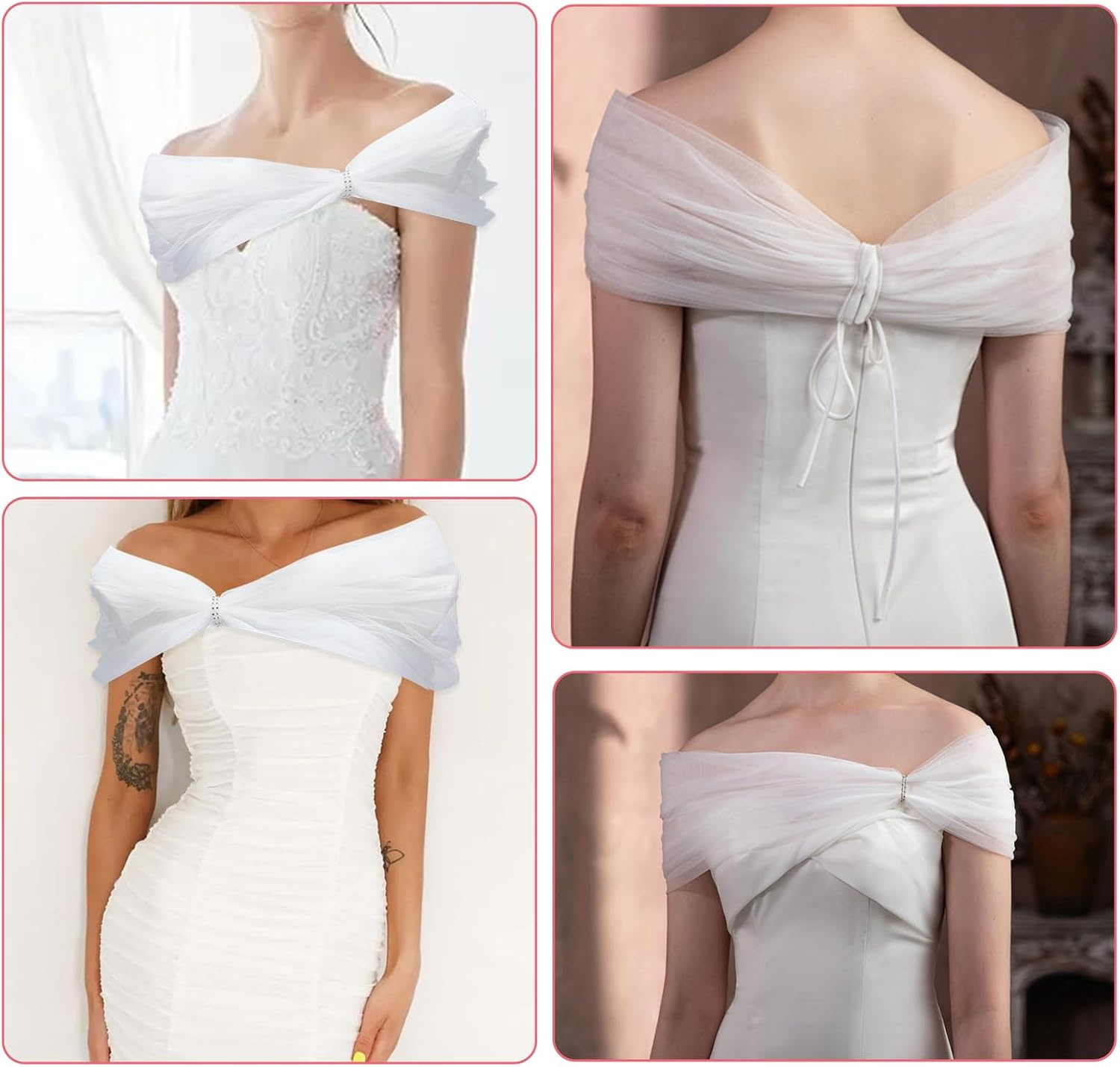 NICENEEDED Removable Tulle Bridal Scarf White Wedding Straps Puff Dress Scarf Sleeve Scarves Removable Shoulder Cover up Accessory for Wedding Costumes image number 6