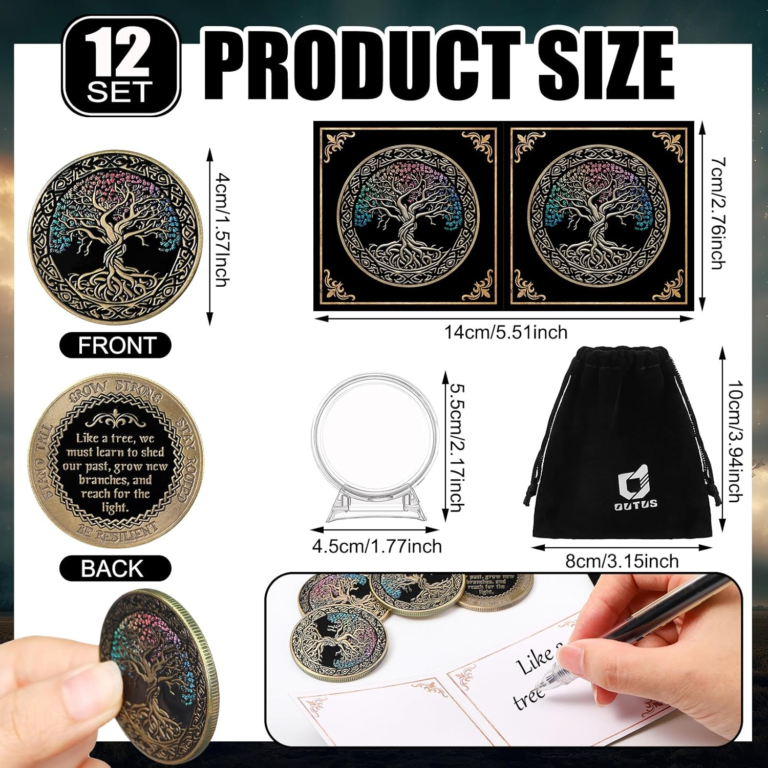 Outus 12 Set Affirmation Sobriety Coin Gift Tree AA Chip Medallion with Coin Capsule, Display Stand and Card Alcoholics Anonymous Medallion Sobriety Gifts for Anniversary Men and Women in Recovery image number 4