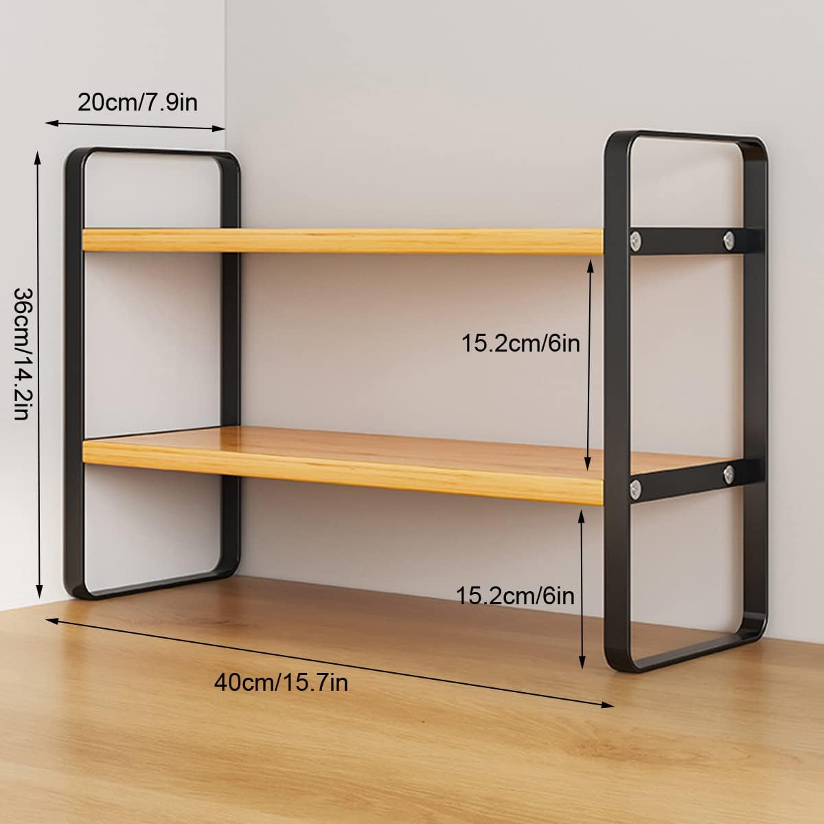 Desktop Organizer, Office Desk Storage Shelf, Desktop Bookcase Wood Bookshelf (Black + Wood) image number 4
