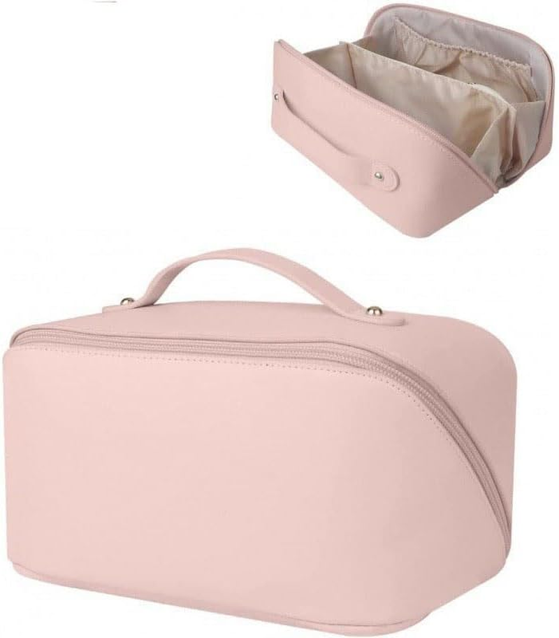 Limcryspp Large-Capacity PU Waterproof Makeup Bag, Open Design, Portable Travel Cosmetics Storage Bag, Can Store Skin Care Cosmetics and Toiletries (White)