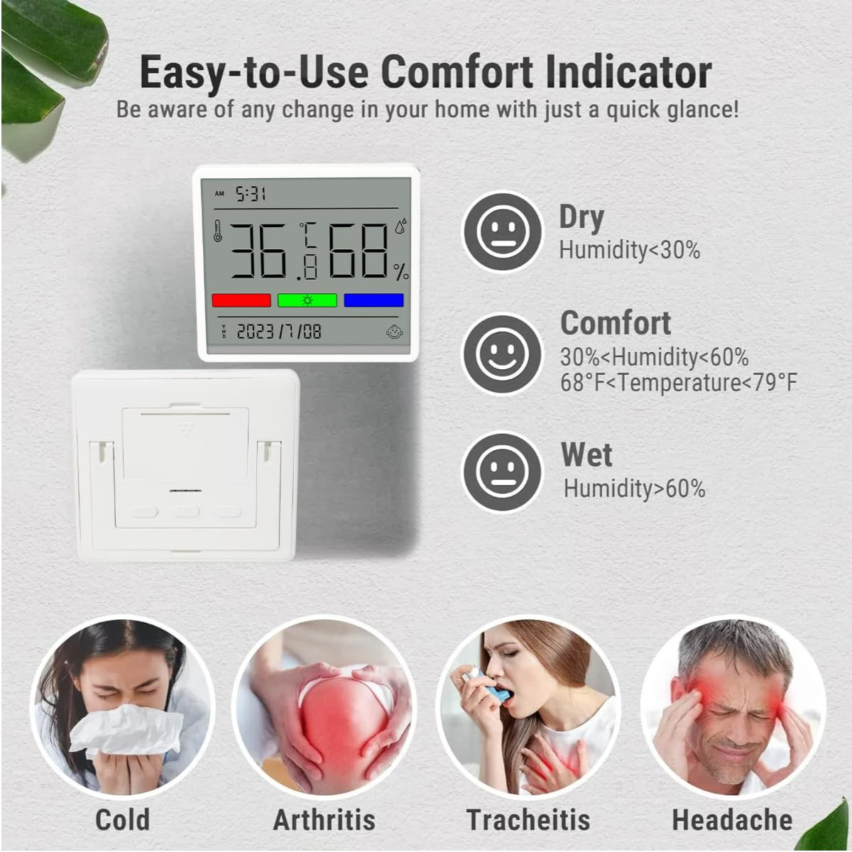 Digital Hygrometer Indoor Thermometer Humidity Meter with Time and Date Display, W.Sealet High Accuracy Room Thermometer Humidity Sensor with Large LCD Screen Display for House-White image number 4