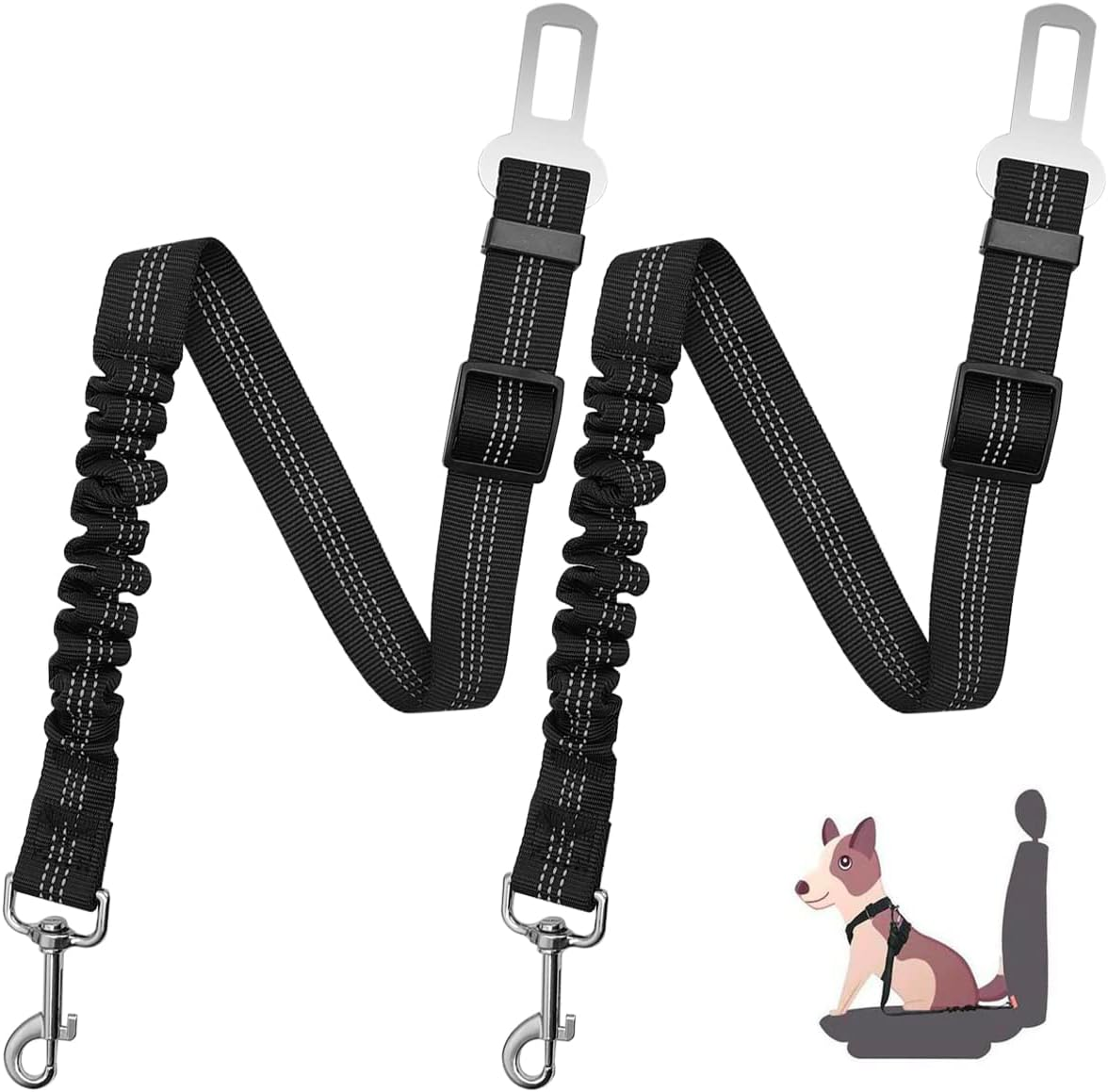 2 PCS Dog Seat Belt,Yucool Retractable Dog Car Seat Belts Safety Dog Seat Car Harness for Car Travel with Stainless Hook and Elastic Bungee Buffer(Black) image number 1