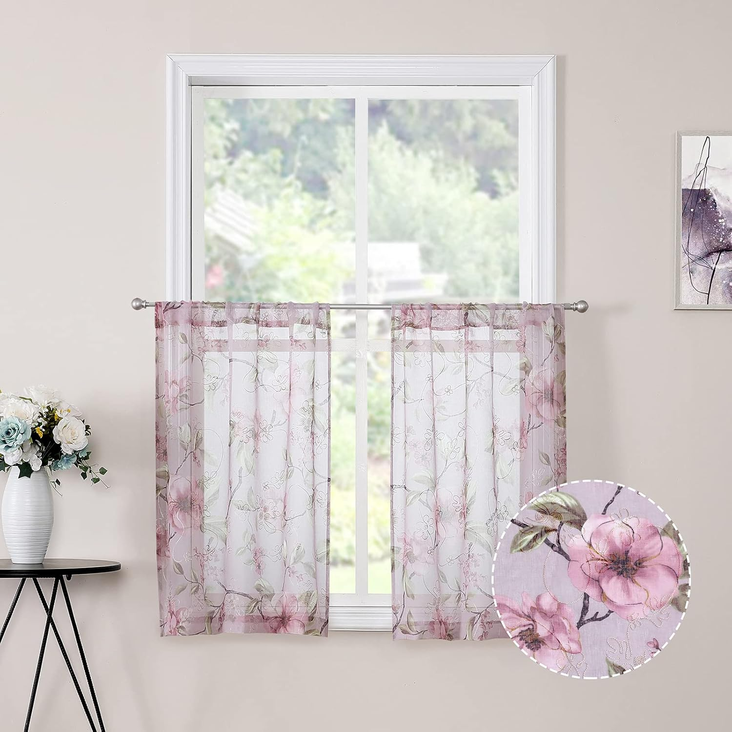Tollpiz Sheer Curtain Pink Flower Leaf Printed Floral Embroidered Bedroom Curtains Sheer Rod Pocket Voile Faux Linen Short Window Curtain for Living Room, 54 X 45 Inches Long, Set of 2 Panels
