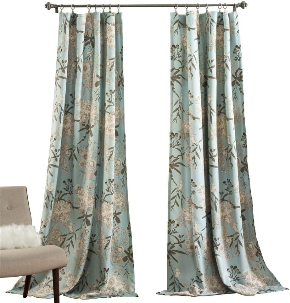 Lush Decor Botanical Garden Curtains Floral Bird Print Room Darkening Window Panel Drapes Set for Living, Dining, Bedroom (Pair), Gray & White, 52" W X 95L