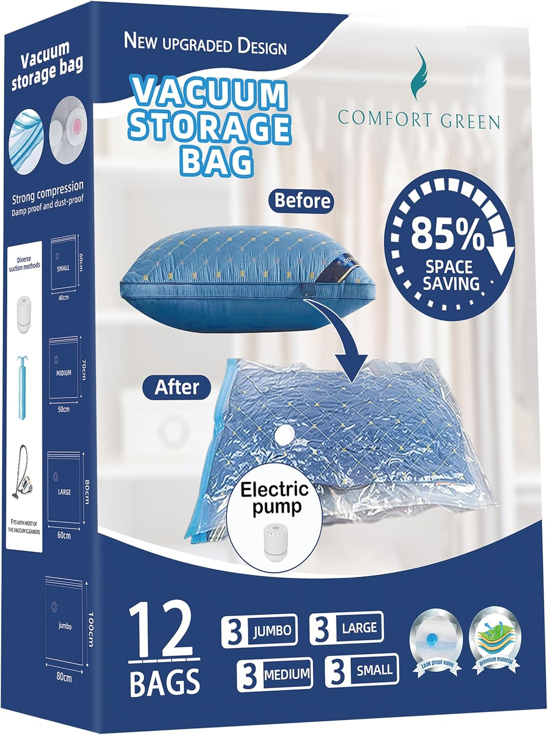 12 Pack Vacuum Storage Bags with Electric Pump, Space Saver Bags for Clothes, Travel Luggage, Moving Home, and Storage Organisation - Compress and save 3X Space image number 1