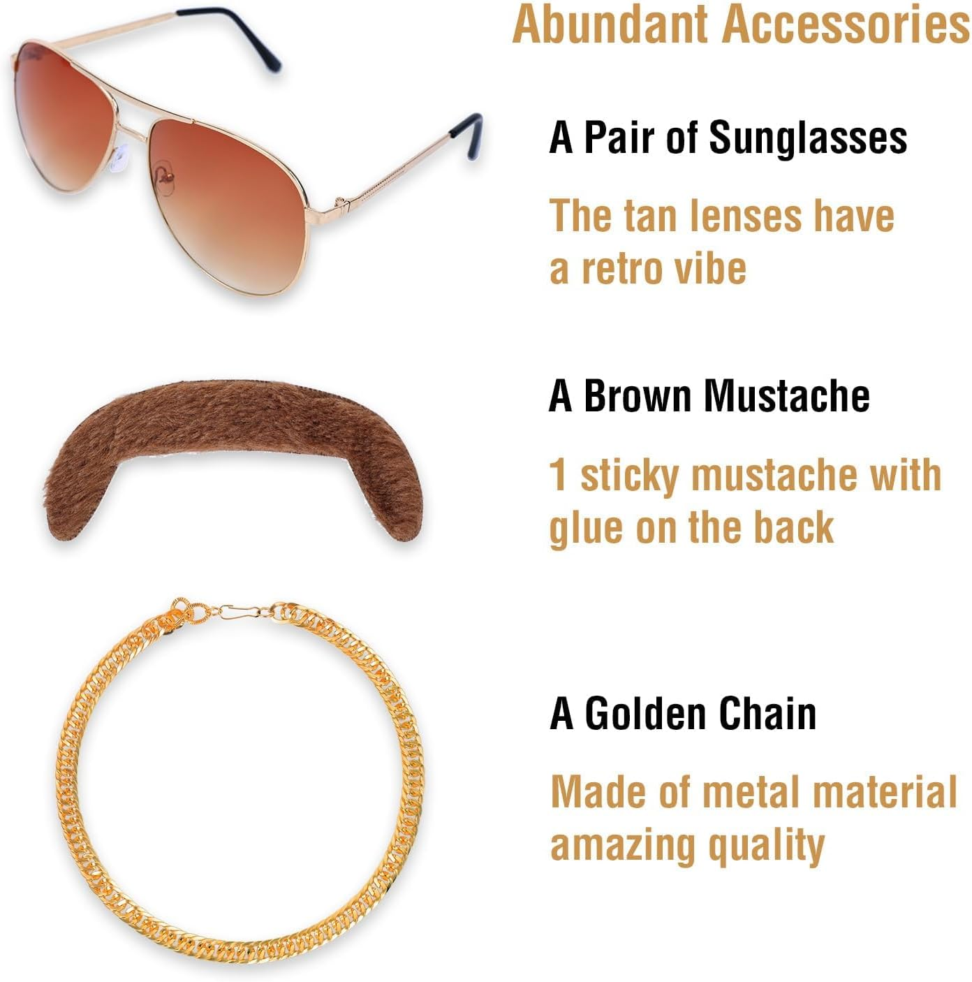 5Pcs Set 70S 80S Disco Wig with Mustache Glasses and Chain | Short Brown Mens Mullet Wig for 60S Singer Rocker Hippies Costume Cosplay Halloween Party image number 6