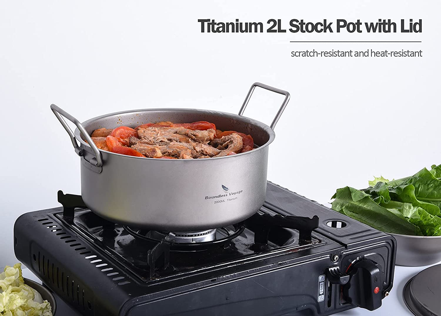 Boundless Voyage Outdoor Camping Titanium Pot 2L Stockpot with Lid Folding Handle Hiking Picnic Portable Big Capacity Soup Pot Home Kitchen Ti2054C image number 5