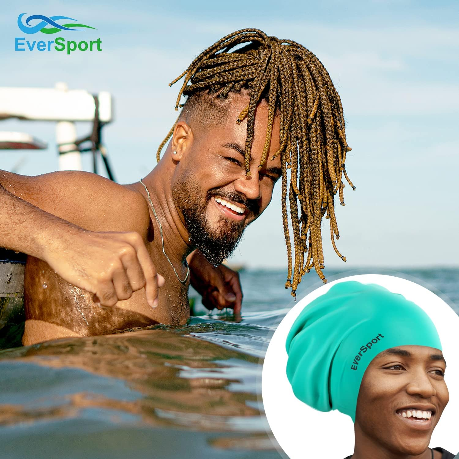 Eversport Large Swim Cap for Braids and Dreadlocks, Waterproof Silicone Swimming Cap for Women Men Keep Hair Dry - Deep Green image number 3