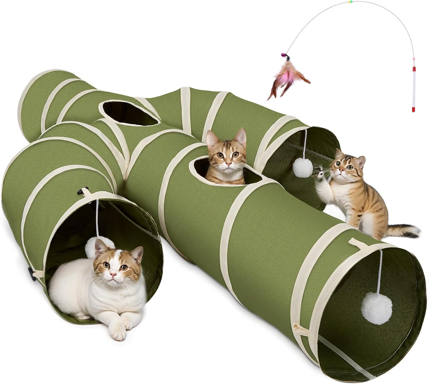 Ownpets Cat Tunnel Large 30Cm Diameter, Cactus-Shaped Cat Tunnel Toy, Sturdy Oxford Fabric Collapsible Cat Tunnels for Indoor Cats, Interactive Peek Hole Pet Tunnel Tube with Cat Wand Toy, Green image number 6