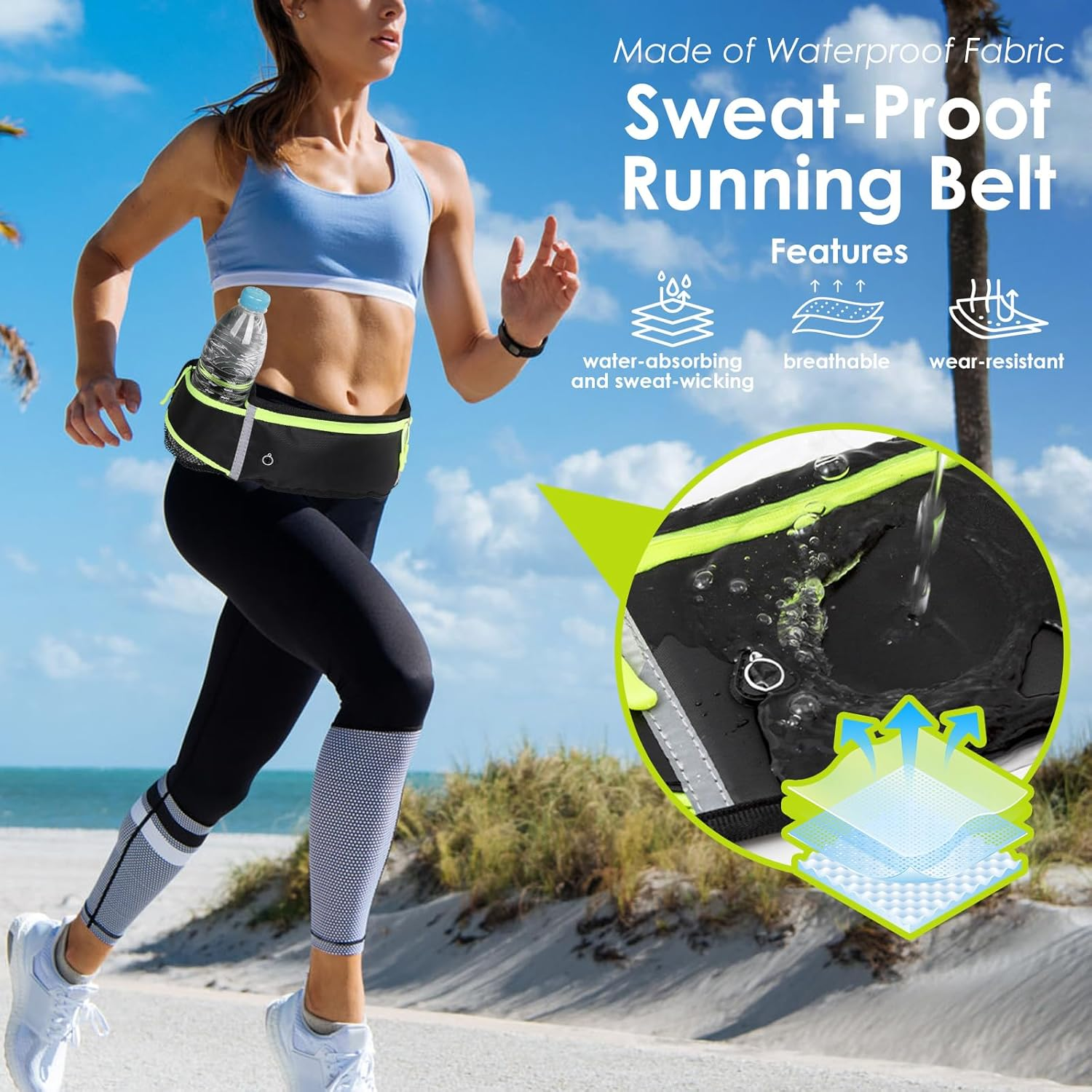 Simpeak Reflective Running Belt Running Waist Bag with Headphone Jack and Water Bottle Strap, Ideal for Running, Fitness and Cycling, with 3 Reflective Wristbands